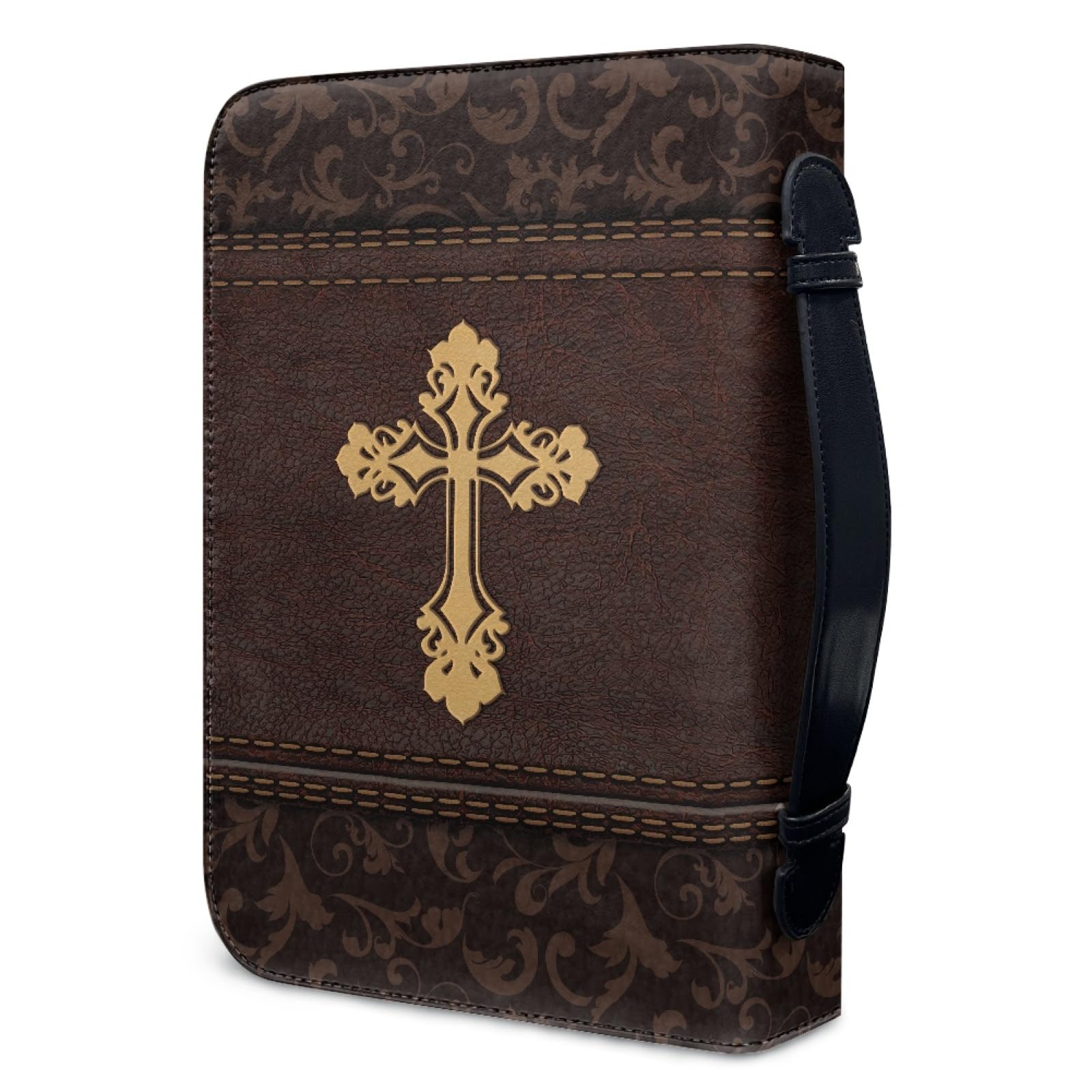 Kuiaobaty Lord Quotes Bible Cover Bag with Pockets, Brown Damask Print Book Sleeve PU Leather Zipper Case for Study Bible Small Large - Image 3