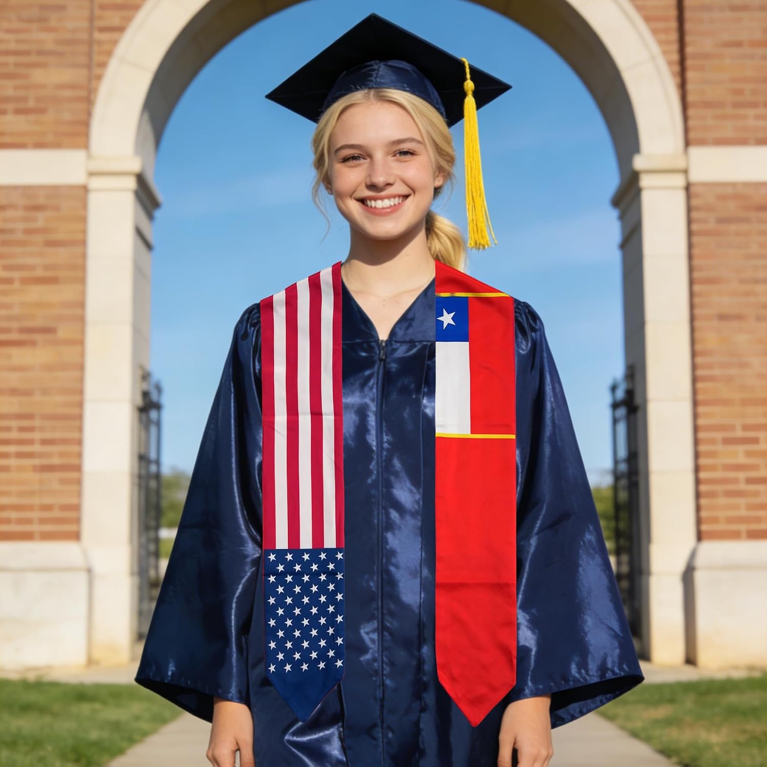 USA And Chile Flag Graduation Stole,Satin Embroidery Graduation Sash for International Students,72 Inch Length.