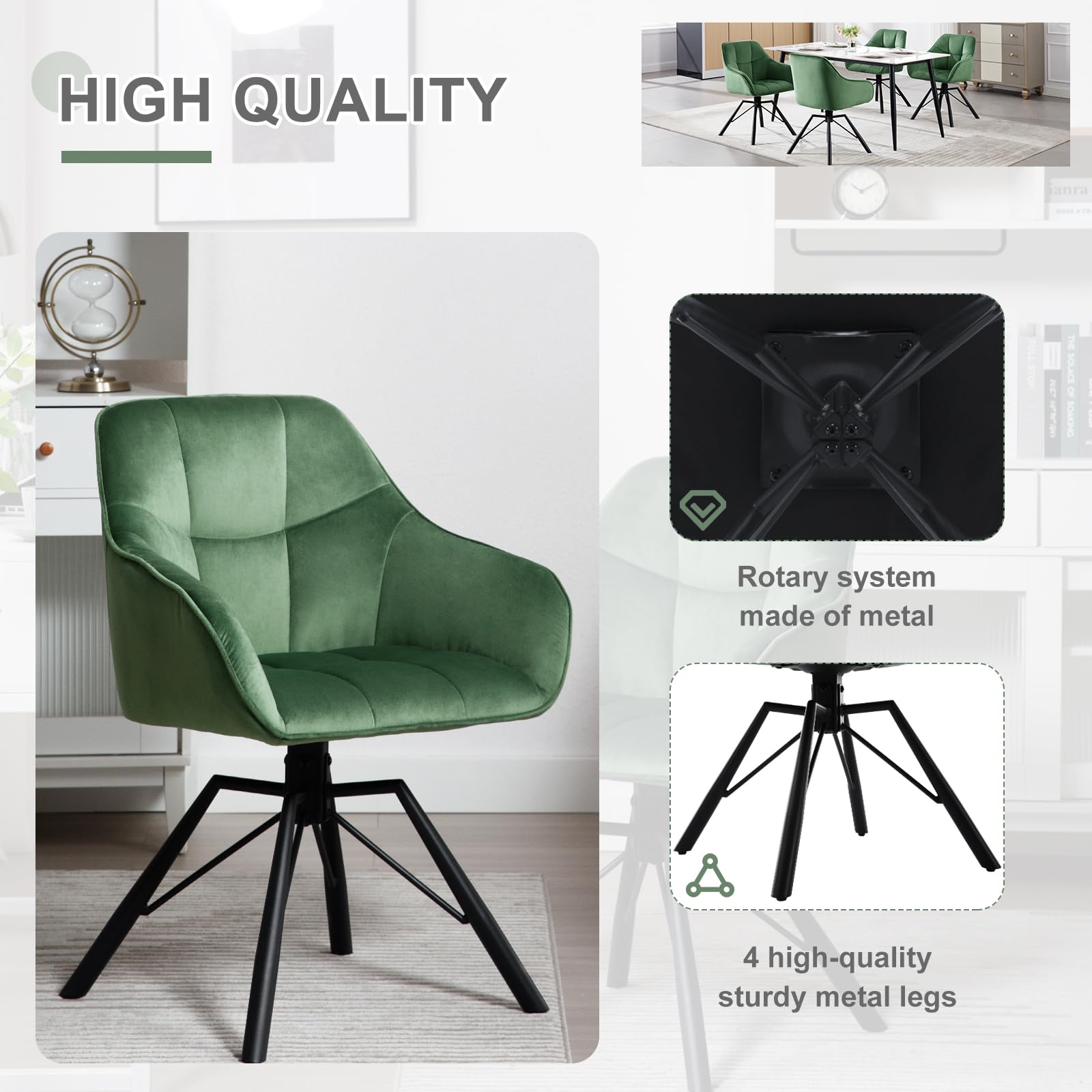 WOLTU Chaise Pivotante à 360°, Lot de 2, Chaise Salle à Manger Scandinave, en Velours, Assise Rembourrée, Pieds en Métal, Vert Foncé.