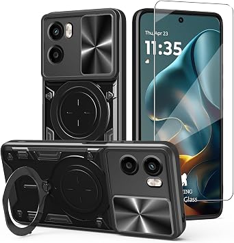 Phone Case for Motorola Moto G05 / E15 Case with Glass Screen Protector, Built Slide Camera Protection Cover,Military Heavy Duty Full Body Protective Phone Case - Black