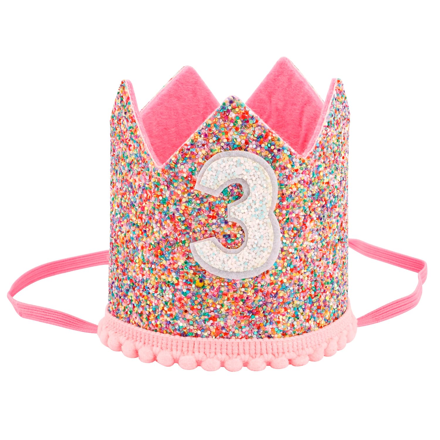SuPoo Girl's 3rd Birthday Party Supplies - Glitter Crown Tiara with Elastic Band, Sprinkle Headband, Happy Birthday Cap for 3 Year Old Princess