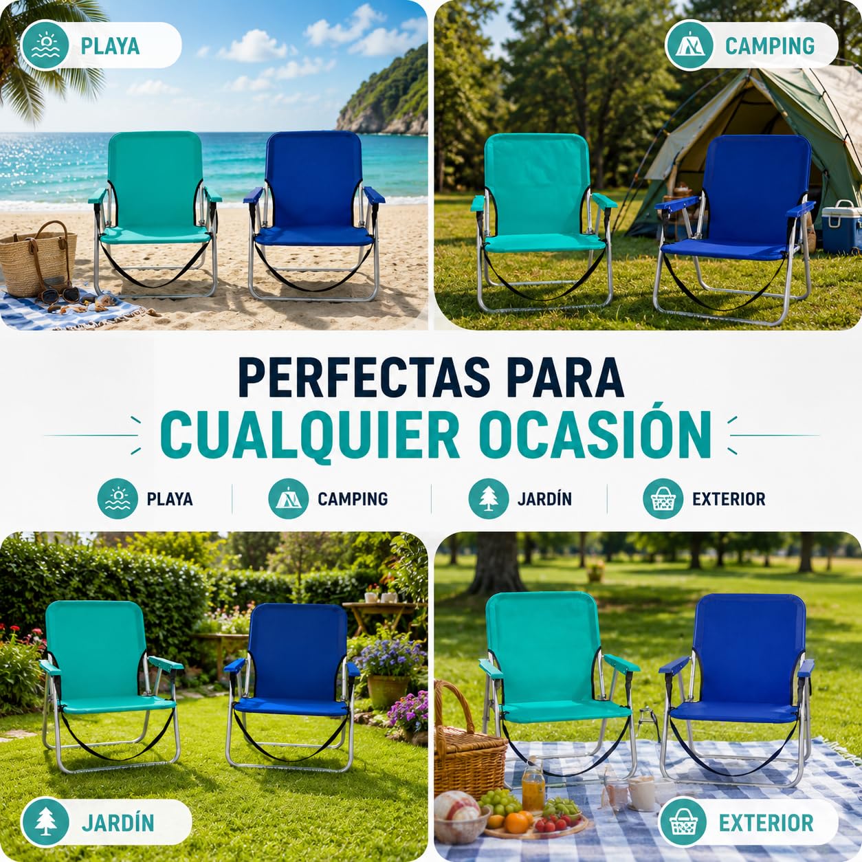 TIENDA EURASIA – Pack de 2 Sillas de Playa Plegables | Ligeras y Portátiles con Asa de Transporte | Estructura Metálica Resistente | 1 Posición Fija | Ideales para Playa y Exterior (Azul y Verde)