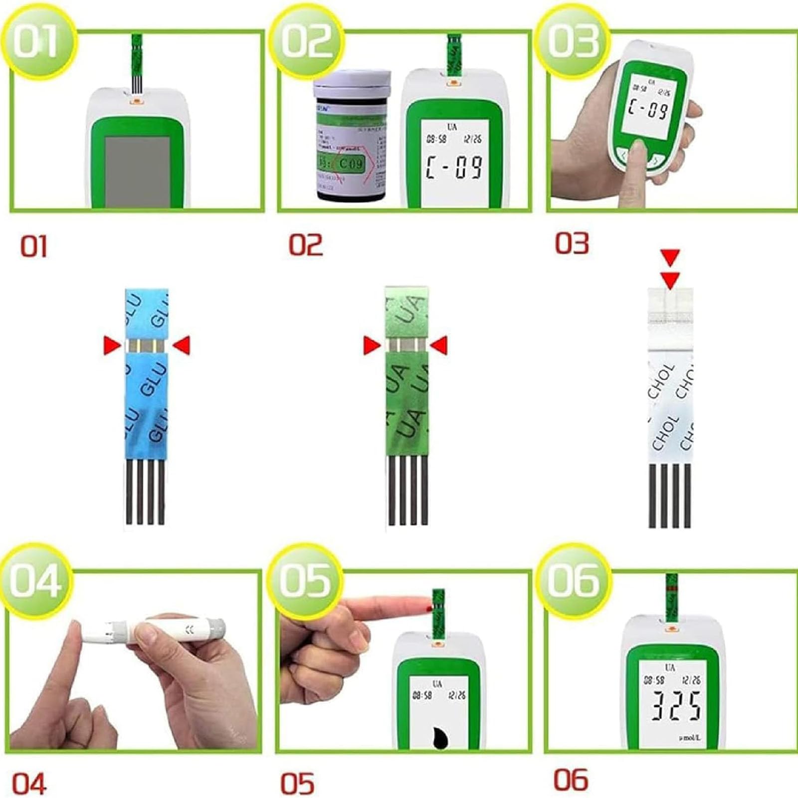 Monitor 3 In 1 Per Glucosio, Acido Urico, Colesterolo, Kit Per Esami Del Sangue Domestici, Memorizzazione Di 300 Set Di Dati Con 50 Analizzatori Di Glucosio Nel Sangue + 25 Di Acido Urico + 10 Analizz