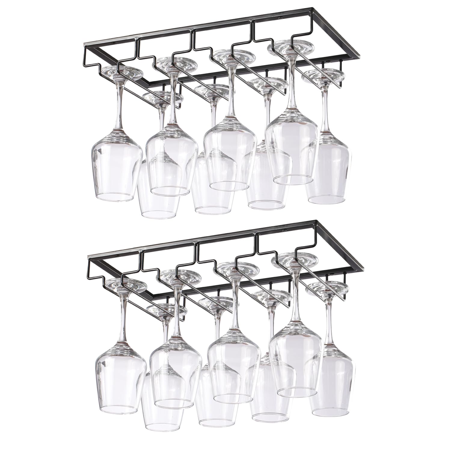 YunNasi 2 Piezas 4 Filas Soportes para Copas de Vino de Metal Organizador Mantener los Vasos Secos Debajo del Gabinete con Tornillos para Bar Restaurante Cocina, Negro