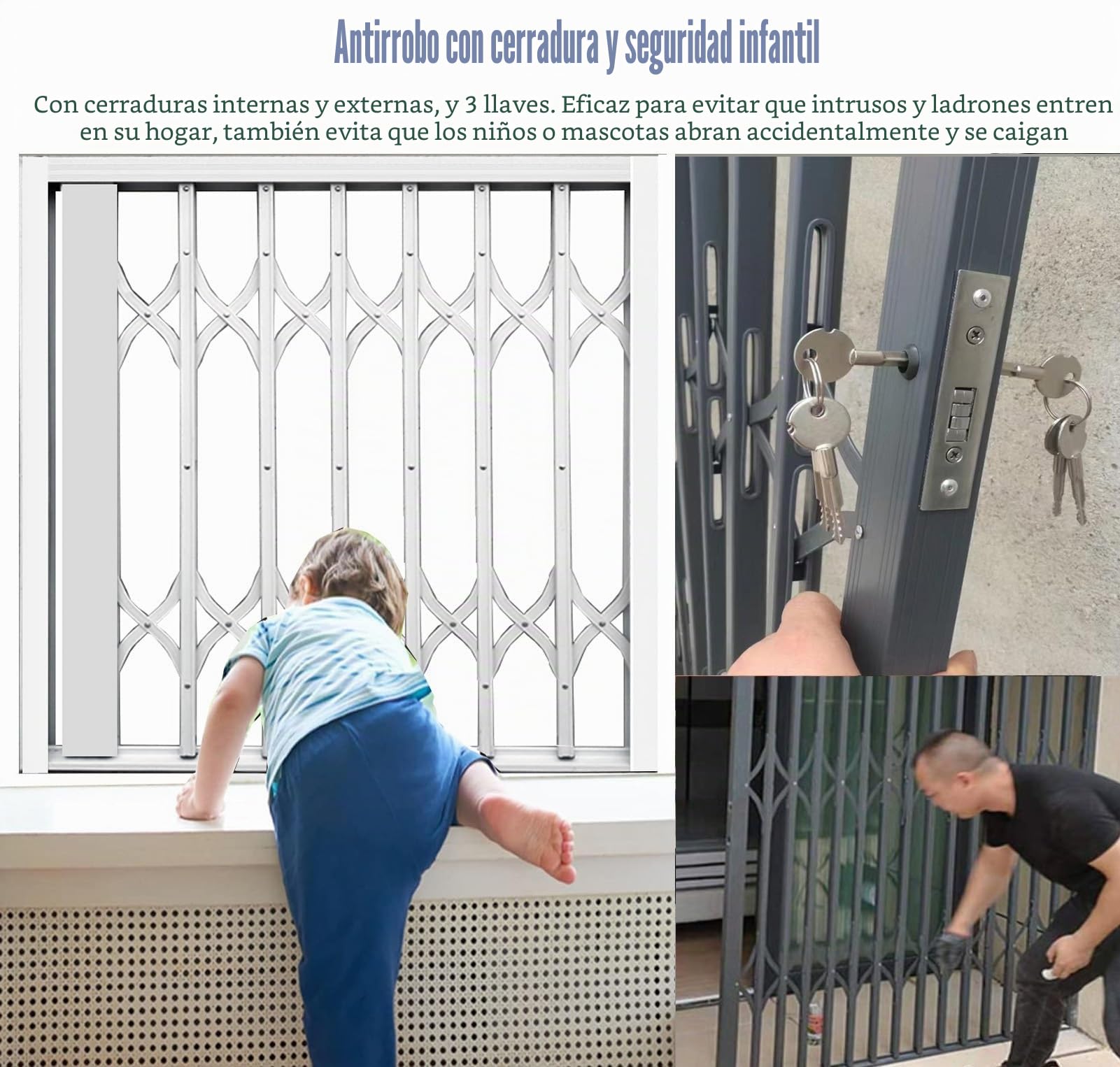 Rejas para Ventanas Exteriores Rejas Abatibles Blancas de Metal para Ventanas, Rejas de Seguridad para Ventanas con Cerradura, Rejas de Seguridad Antirrobo para Ventanas/ Reja para Ventanas, Extra Anc