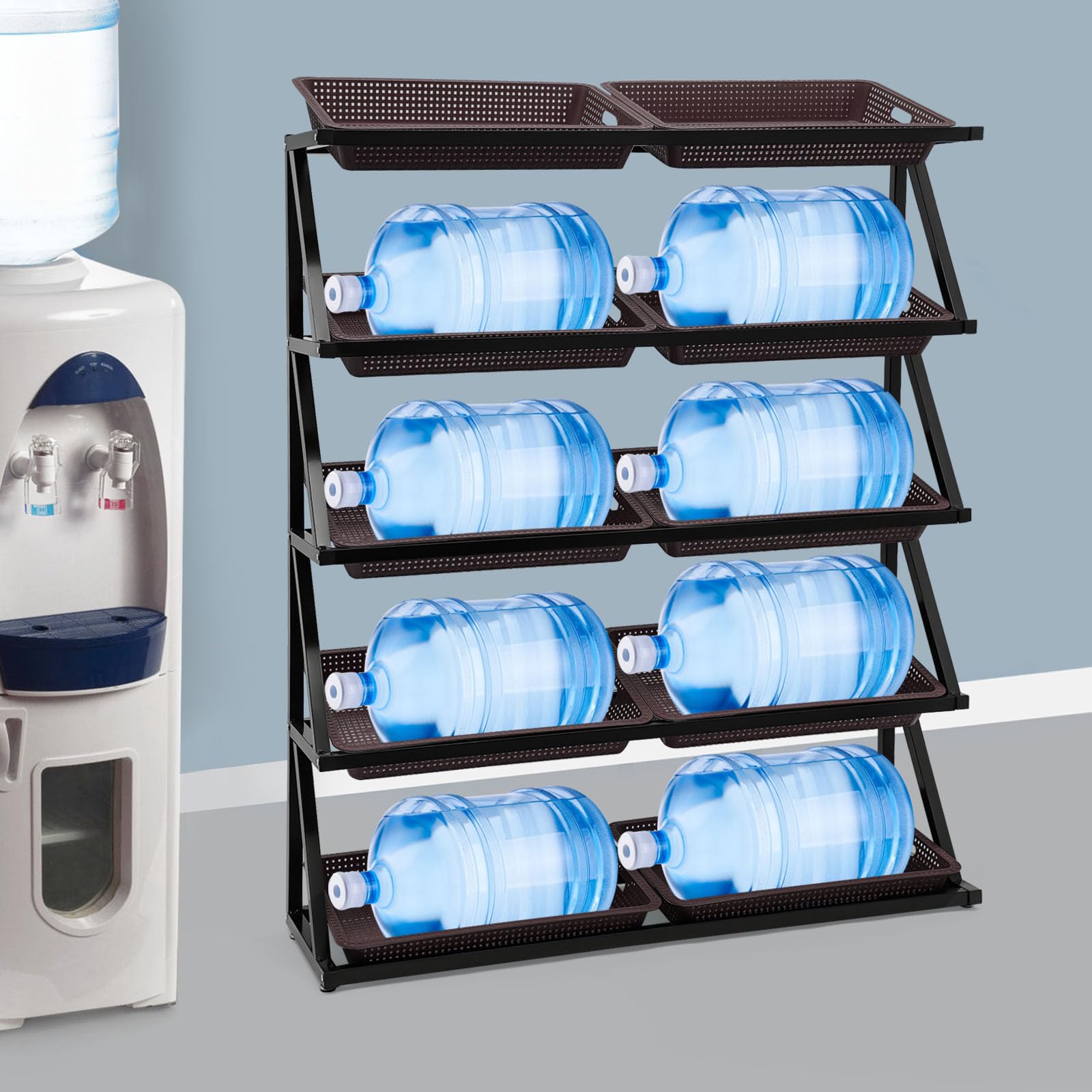 LyeXD 5 Tiers Fruit Vegetable Basket Stand, Fruit Basket for Kitchen Retail Display Rack Metal Vegetable Storage Rack w/10*Plastic Baskets, Produce Basket Storage Bins for Kitchen, Garage (Coffee)