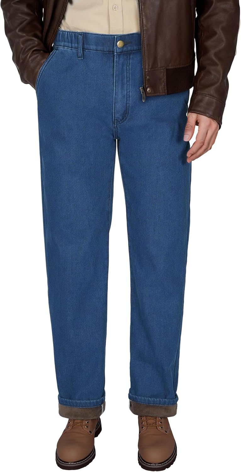 Soojun Mens Elastic Waist Fleece Lined Jeans Relaxed Fit with Zipper and Button