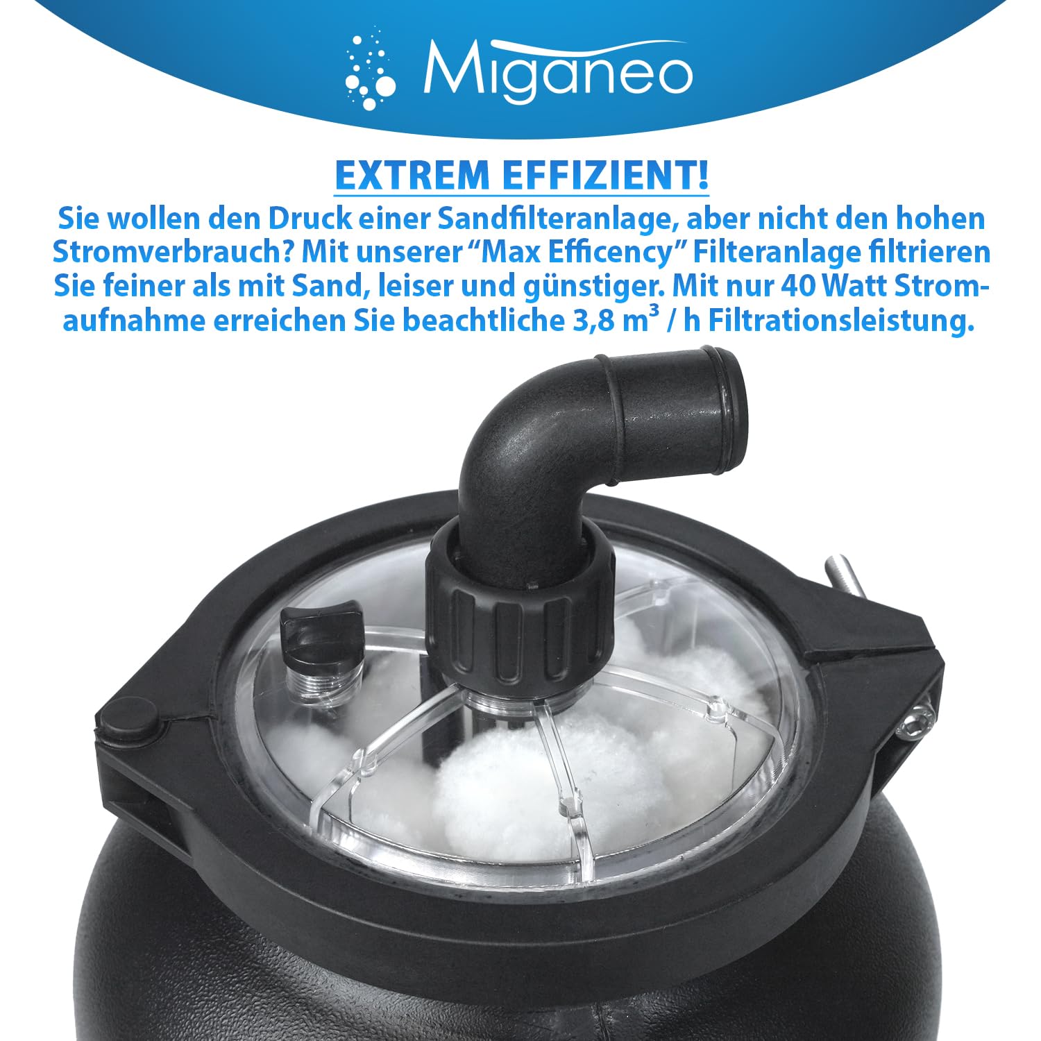 Miganeo Filteranlage Max Efficency 3,8m³ / h | für Pools bis zu 18.000 l – Mit Vorfilter, inkl. Filterbällen