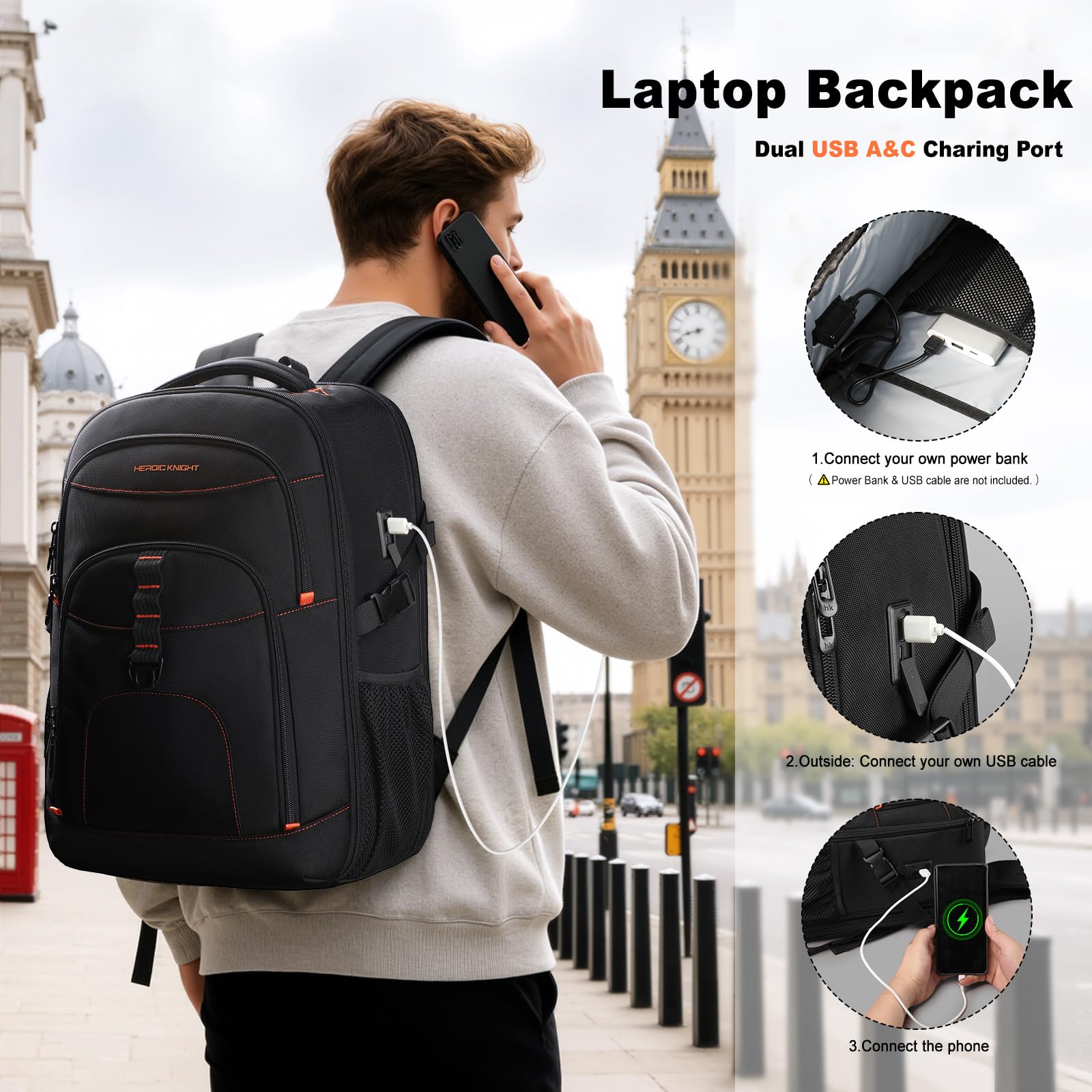 Zaino Viaggio Espandibile 50L Uomo Donna, Zaino Porta PC 17,3 Pollici | Zaino Cabina Aereo con Porta USB, per Business, Università e Weekend, Nero