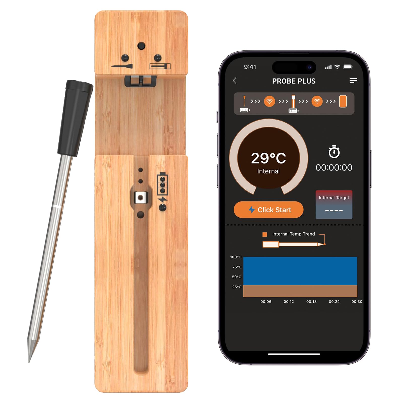 WEETIEE Jusqu'à 100m Longue Portée Thermomètre à Viande numérique sans fil Thermometre Cuisine Bluetooth intelligent Thermomètre de Barbecue Contrôle par App, Poignée en Céramique, pour Grill,four