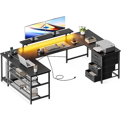 ODK U Shaped Desk with Power Outlets & LED Strip & Monitor Stand, 66" Reversible L Shaped Desk with Drawers and Storage Shelf, Home Office Gaming Desk, Black