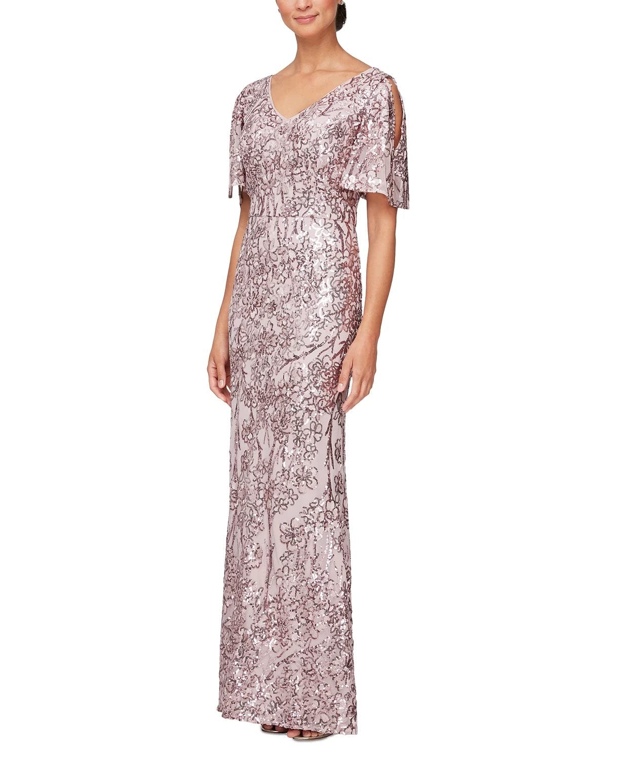 Alex Evenings Women's Long Sequin Dress with Flutter Sleeves, Blush, 16
