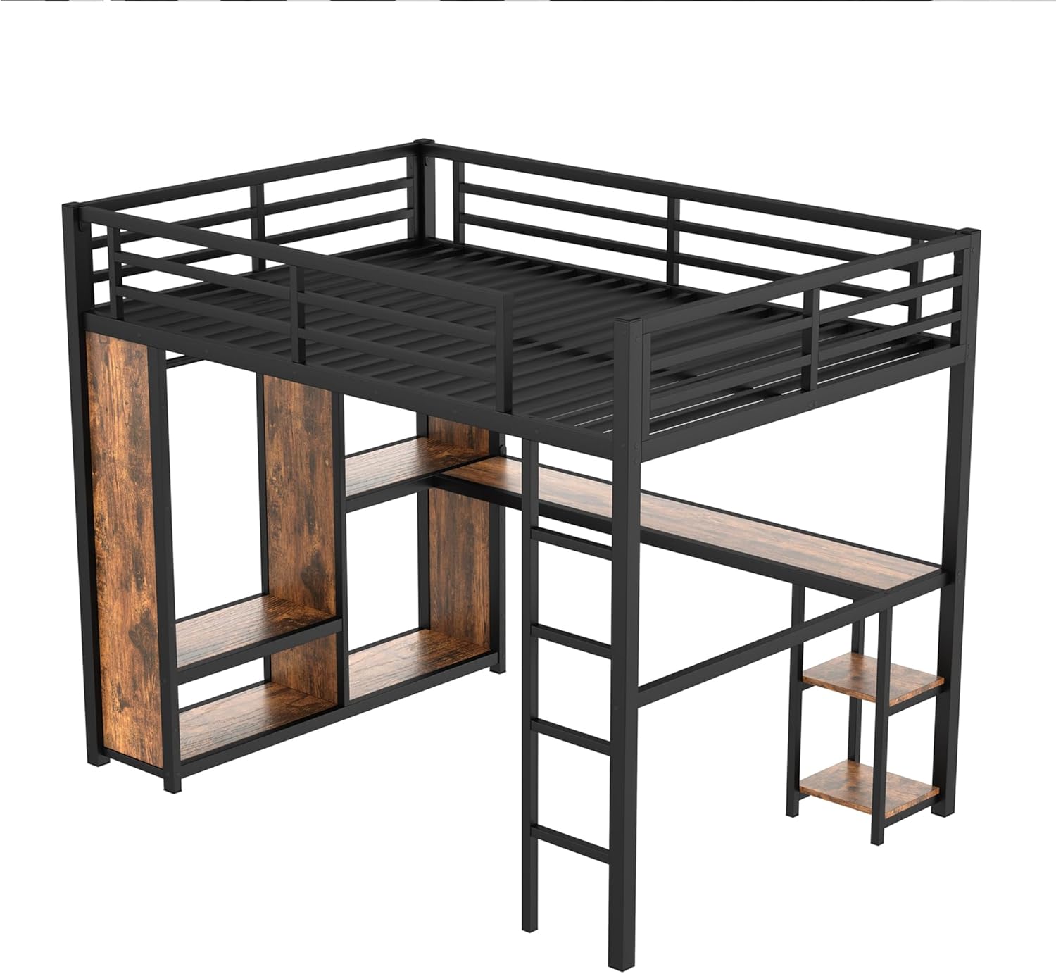 Bellemave Queen Size Loft Bed with Desk and Storage Shelves, Queen Loft Bed with Wardrobe and Hanging Rod, Game Loft Beds with Guardrail, Heavy Duty Loft Beds for Adults, Teens, Black Woodgrain