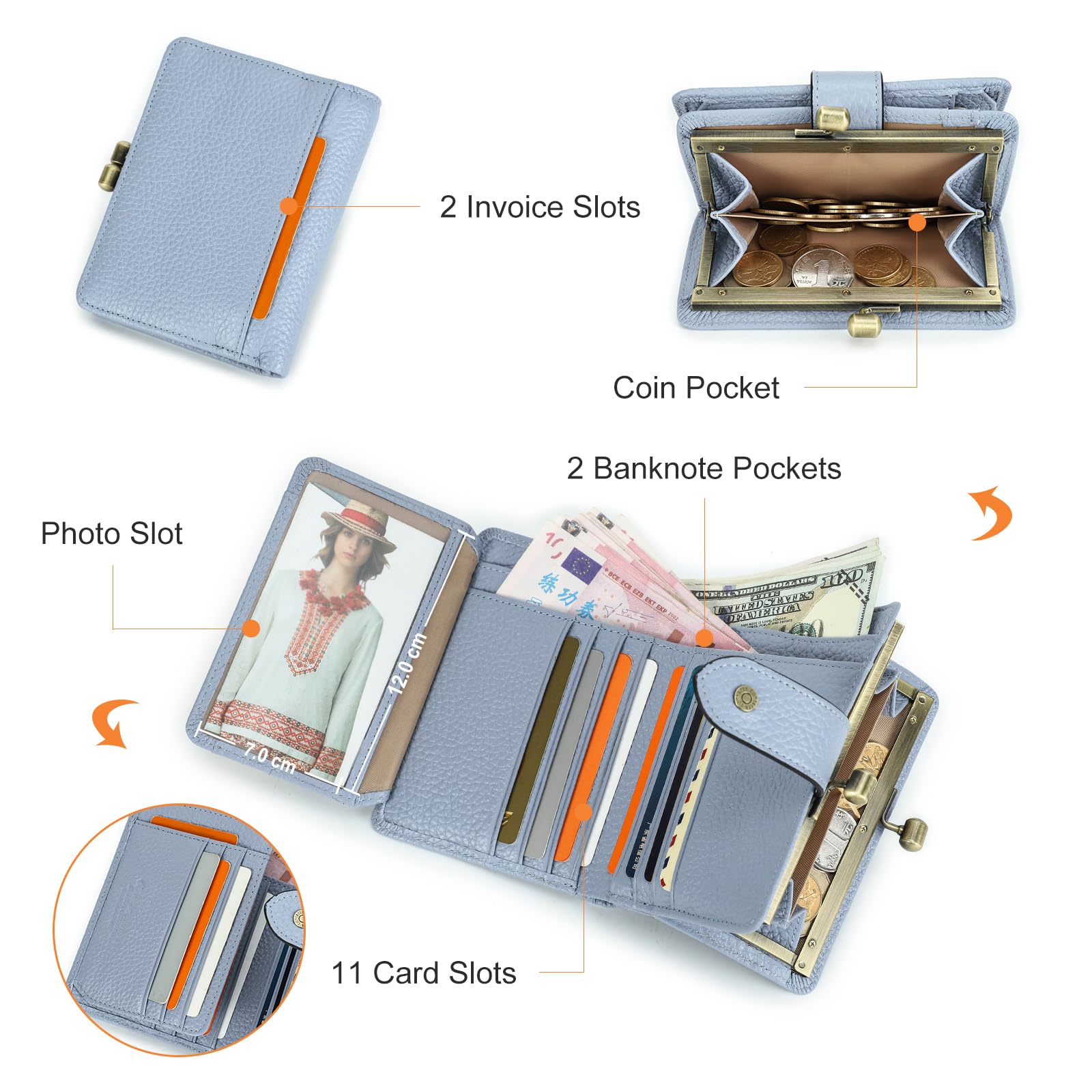 Contacts Portafoglio da donna con chiusura a bacio, RFID 11 scomparti per carte di credito, pochette in pelle bifold con finestra ID, Azzurro, S, Casual