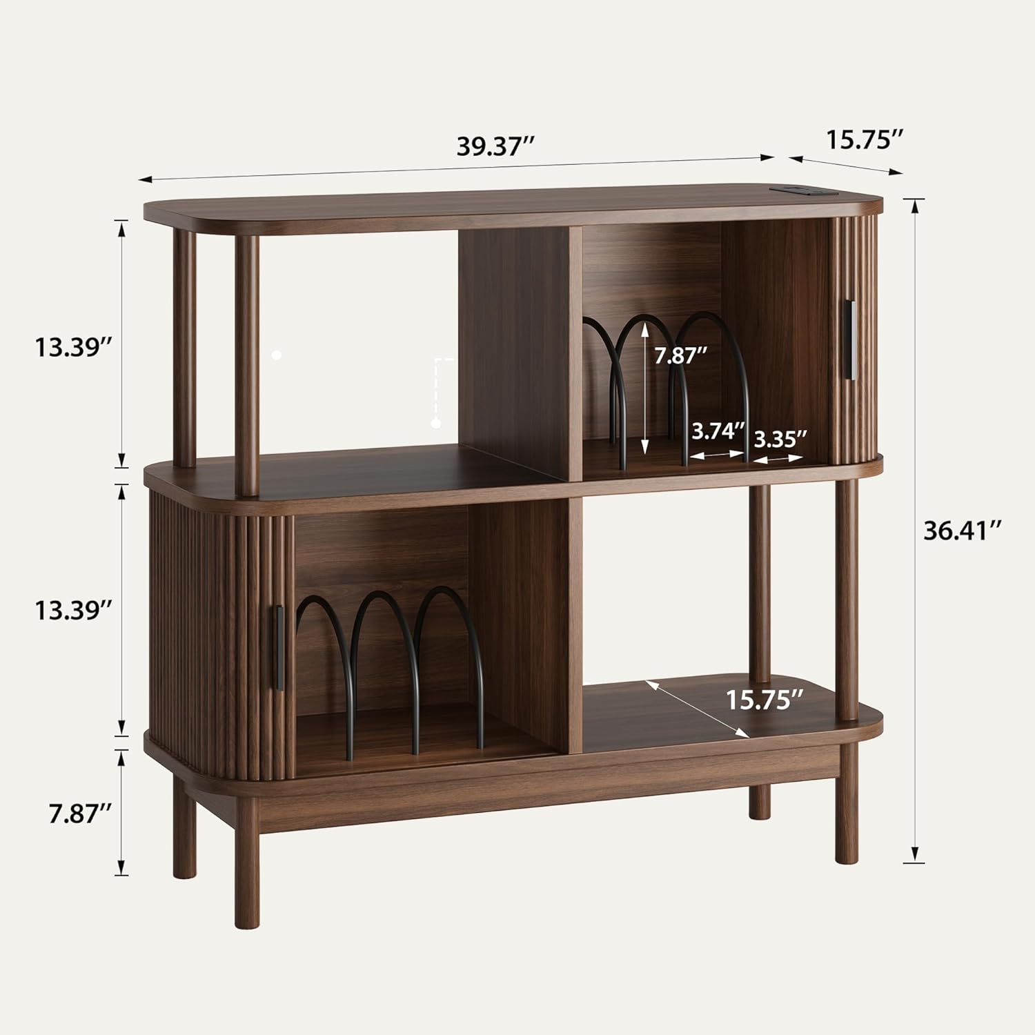 40" Large Record Player Stand with Charging Station, Mid Century Modern Turntable Cabinet with Sliding Doors, Wood Vinyl Record Storage Stand for Living Room Music Corner