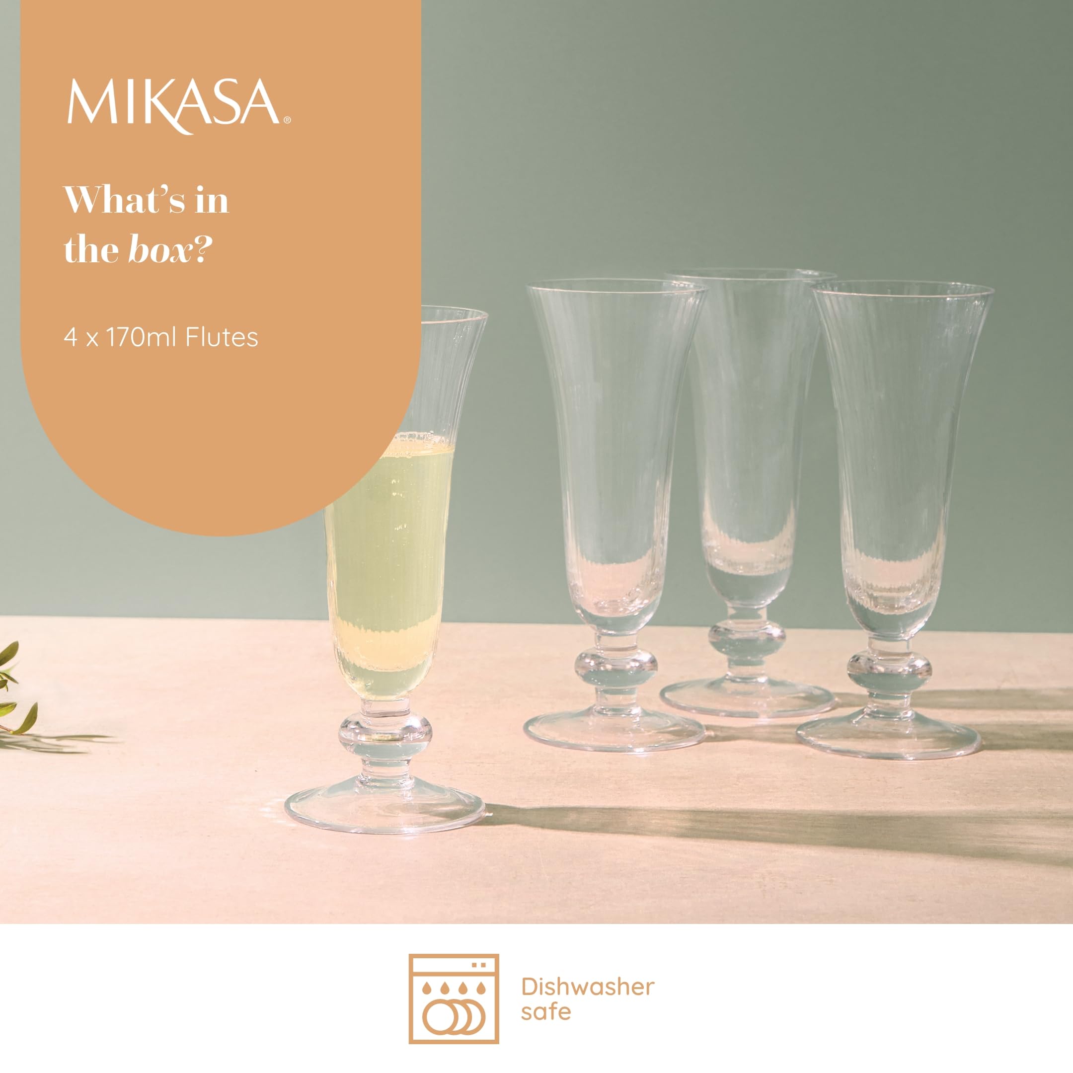 MIKASA Salerno Crystal Champagne Glasses, 170ml, Set of 4 Lead-Free, Clear Fine Glass Flutes with Short Stem and Wide Rim - Image 2