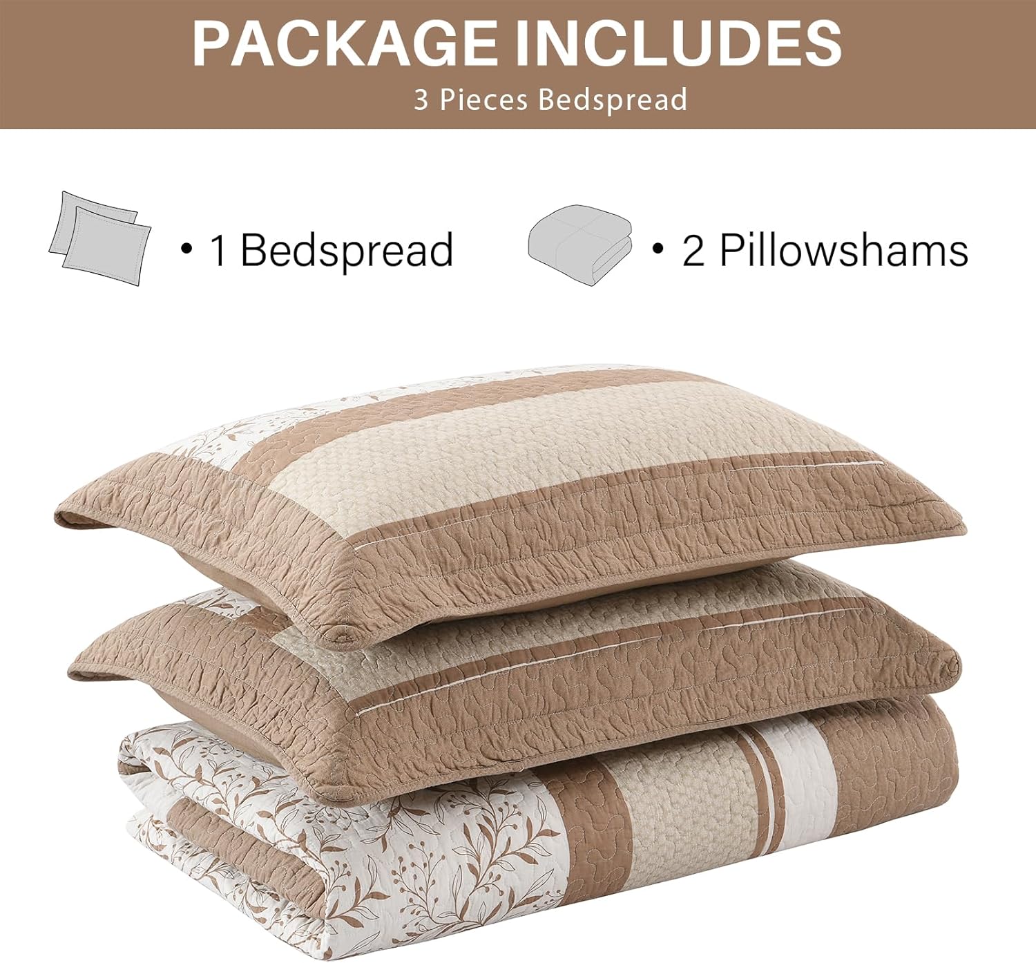 Quilta 100% Cotton California King Bedspread - 120"x120" Farmhouse Stripe Quilt Set with Botanical Pattern, Lightweight Soft Bedding Comforter Sets, Rustic Country Bedspread Coverlet, Brown/White