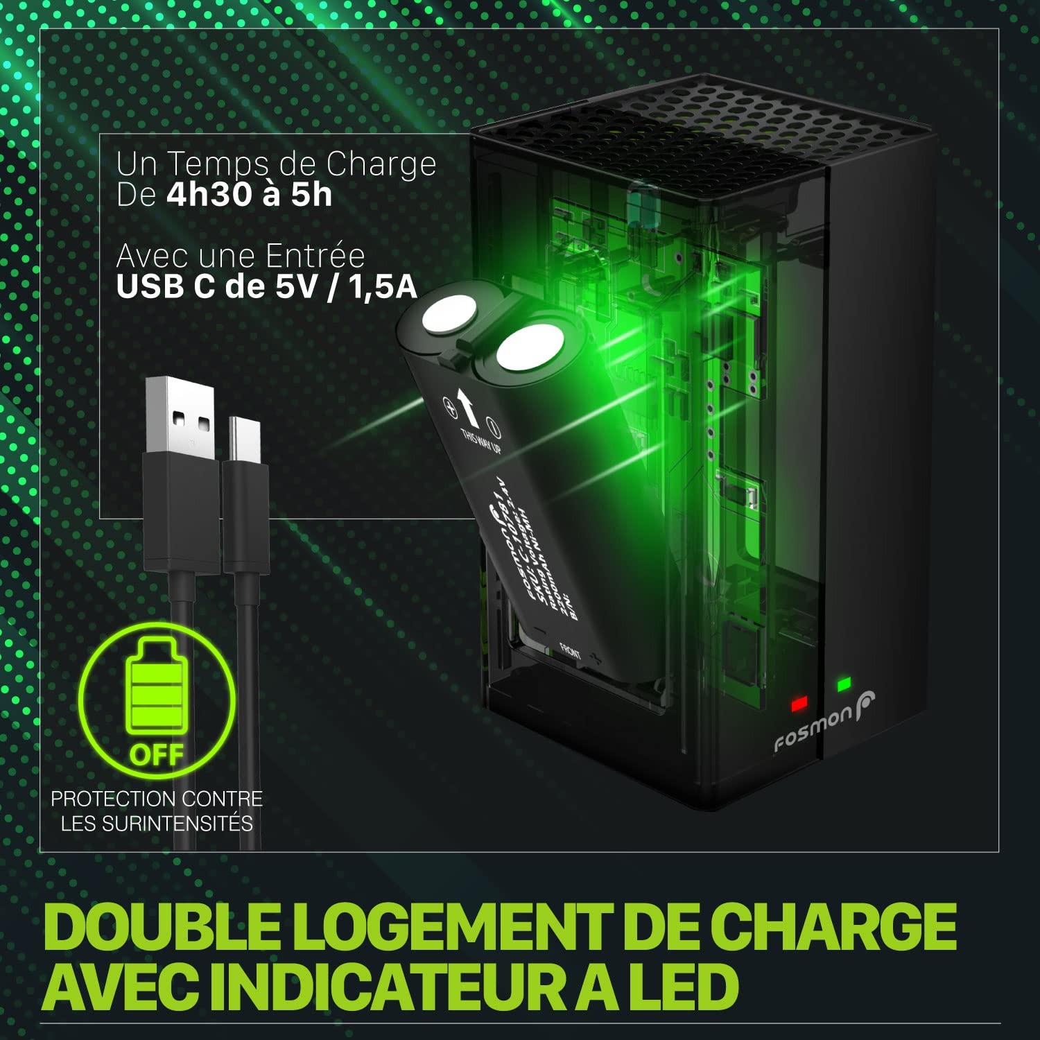 Fosmon – Double Chargeur de Batteries pour Manette Xbox avec 2 Batteries 2200mAh | Station de Charge Rapide 5280mWh pour Xbox Series X/S, One/X/S, Elite