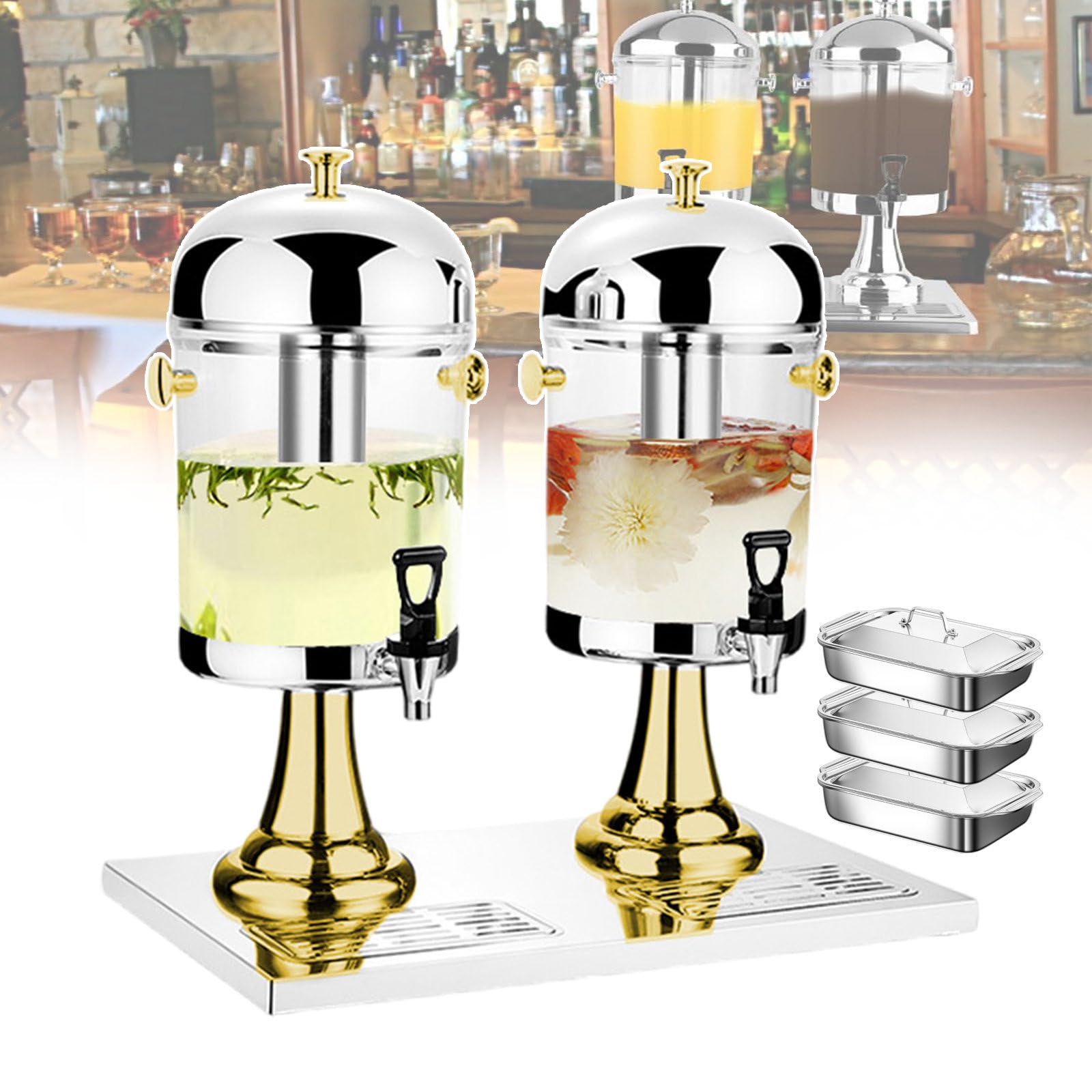 asdchZen 16L Beverage Dispenser With Tap | Stainless Steel Cold Drink Machine With Ice Container And Drip Trays | Hand Press Fruit Juicer For Soy Milk, Juice, Coffee, Flower Tea, Milk,