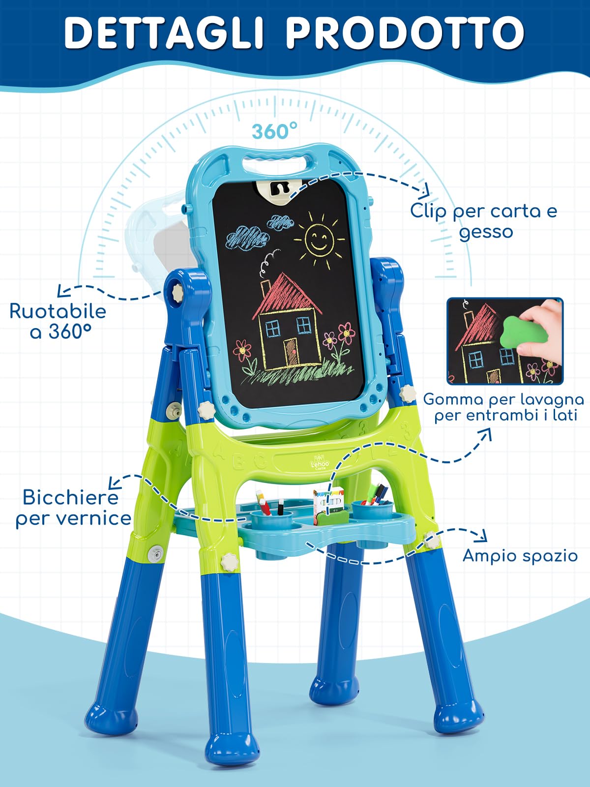Lehoo Castle Lavagna per Bambini, 4 in 1 Lavagna Magnetica per Bambini, 360° Cavalletto Pitturai Regolabile Altezza, Giocattolo Educativo 3+ Anni(Blu)