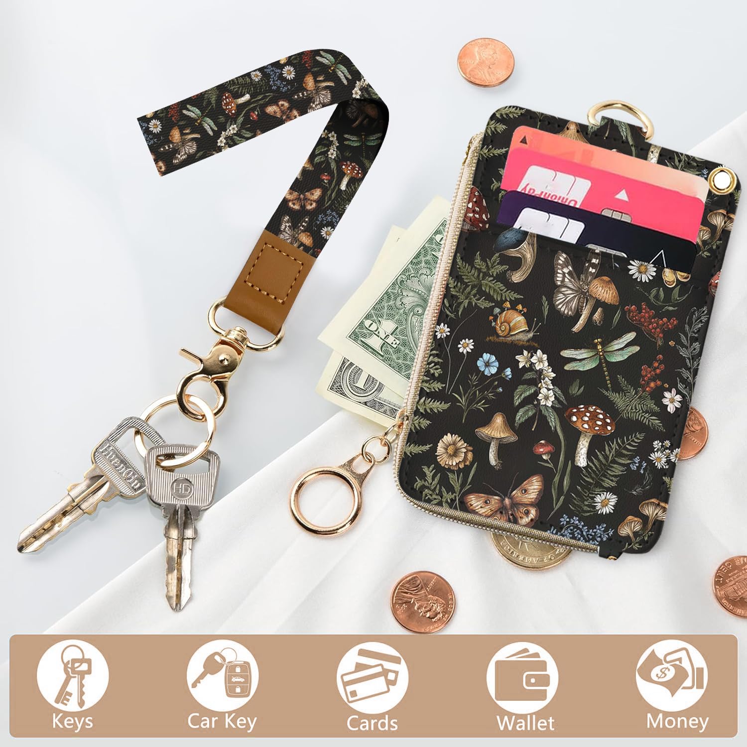 Bolimoss MushroomLanyard for ID Badge Cute Women's ID Badge Holder with Vintage Pu Leather Zip CaseWallet - Image 2