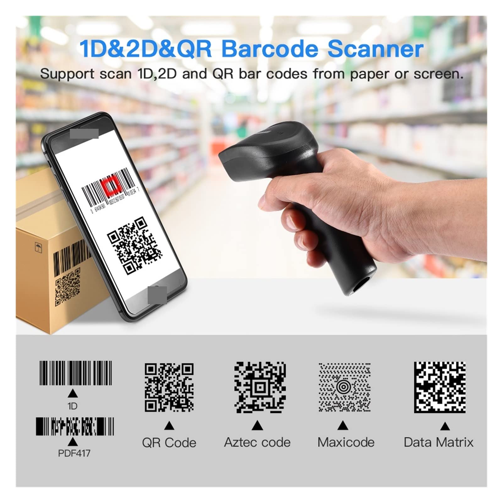 Lettore di codici a barre 1D 2D QR. Scanner for codici a barre portatile con prefisso batteria ricaricabile da 2 in-in-1Connection 1200mAh / cifre suffisso per inventario