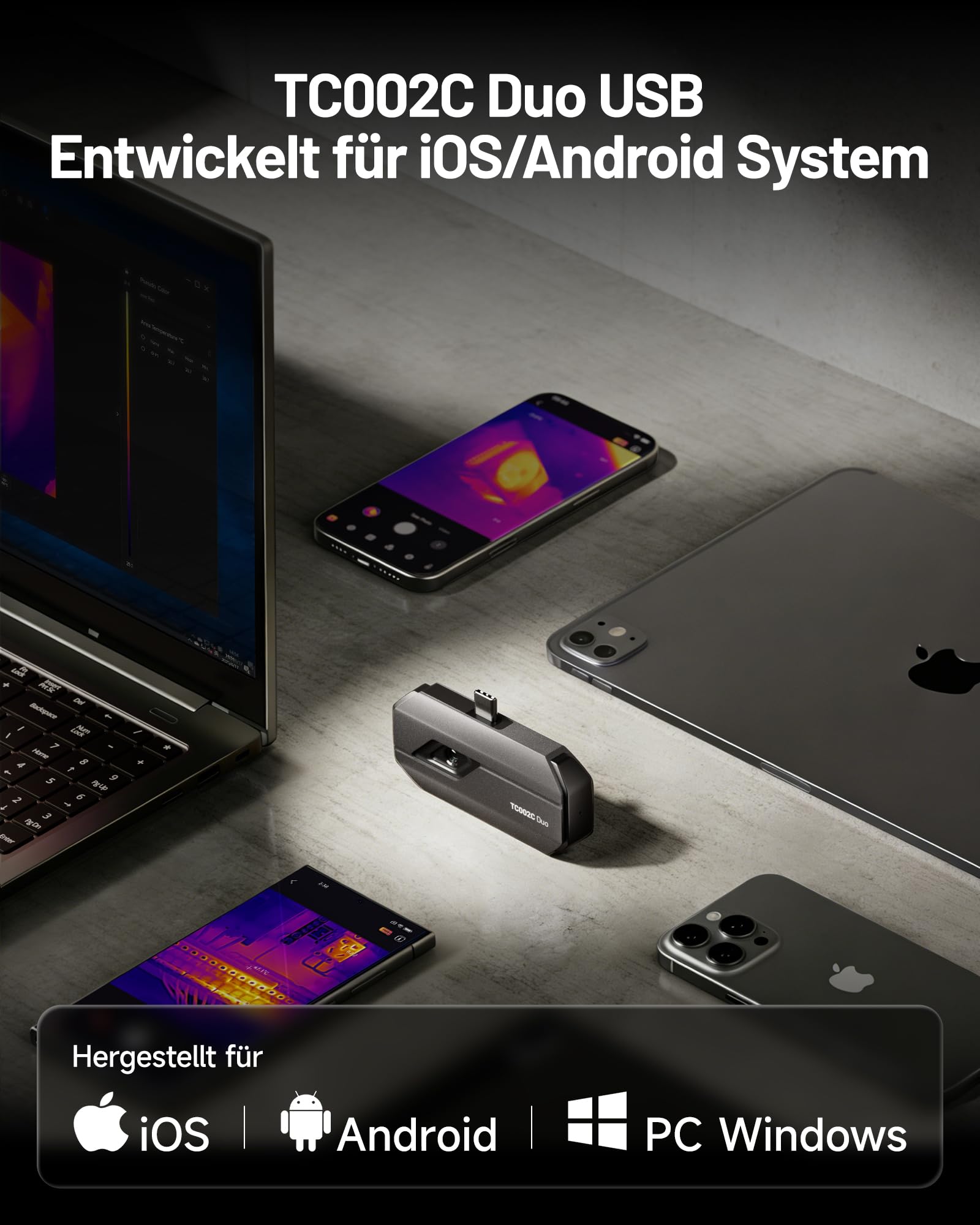 TOPDON Wärmebildkamera TC002C Duo für iPhone/Android, 512x384 Superauflösung 256x192 IR-Auflösung, -20°C bis 550°C Temperaturbereich, 25Hz, 40mK,Thermal Camera für HVAC-/Leckagen-/Gebäudeinspektionen
