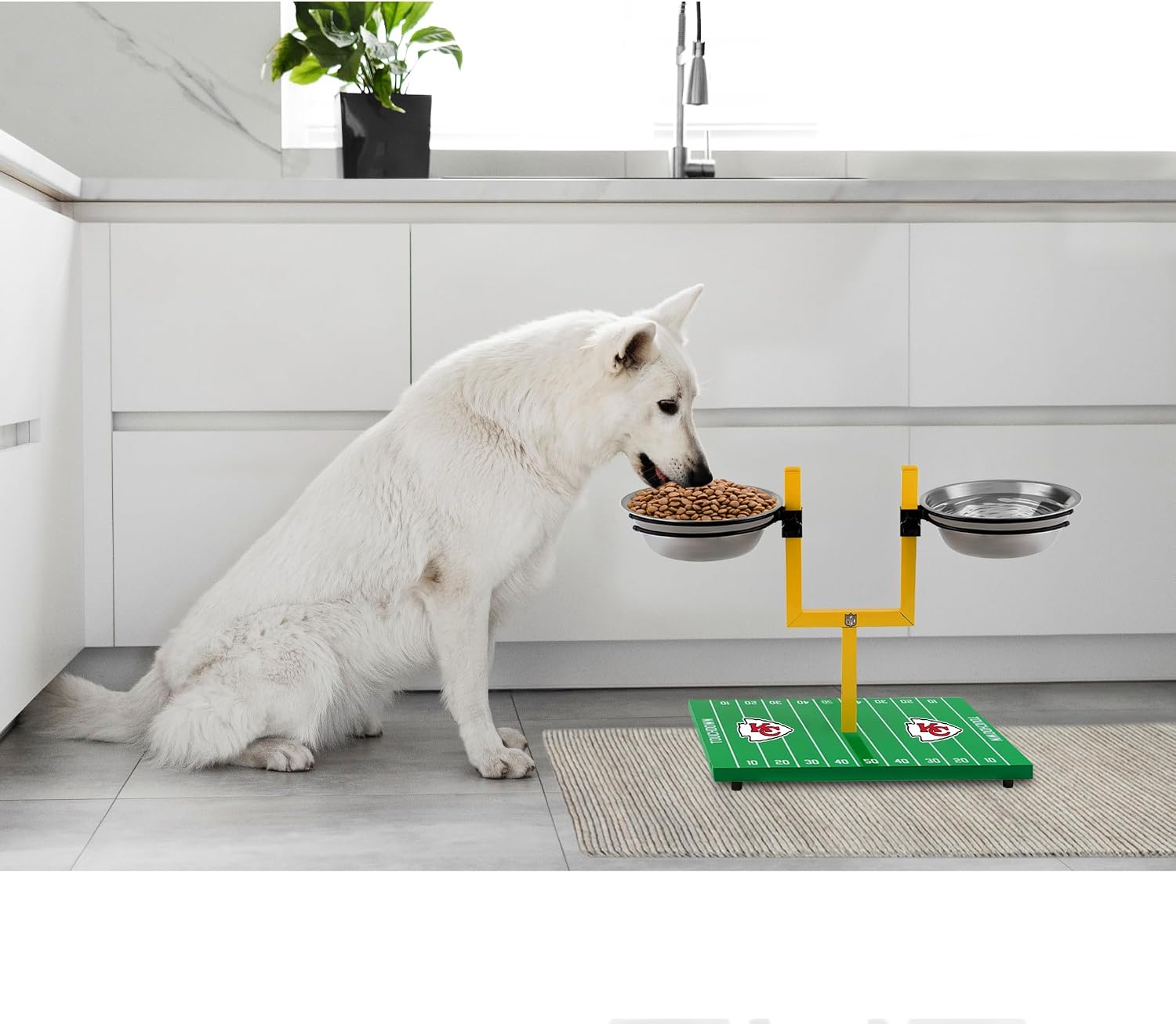 NFL Kansas City Chiefs Goalpost Football Field Dog Feeder – Adjustable Elevated Dog Bowls with Stand, 2 Stainless Steel Bowls, Non-Slip Rubber Feet, Raised Pet Feeder for Large & Small Dogs, Cats.