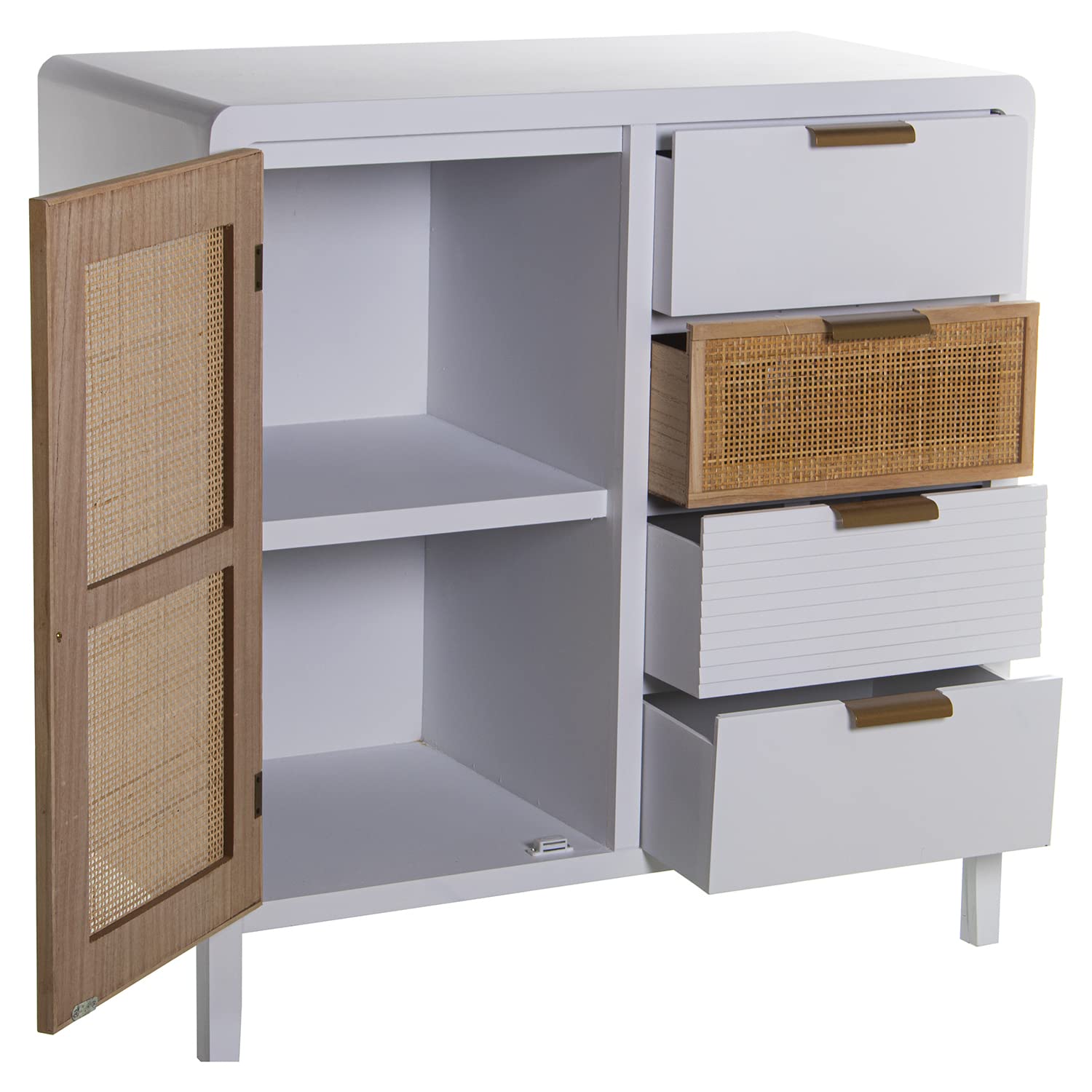 MUEBLE ENTRADA MADERA 4 CAJONES+PUERTA BLANCO/RATÁN 80X40X82CM, ABETO+DM+RAT┴N