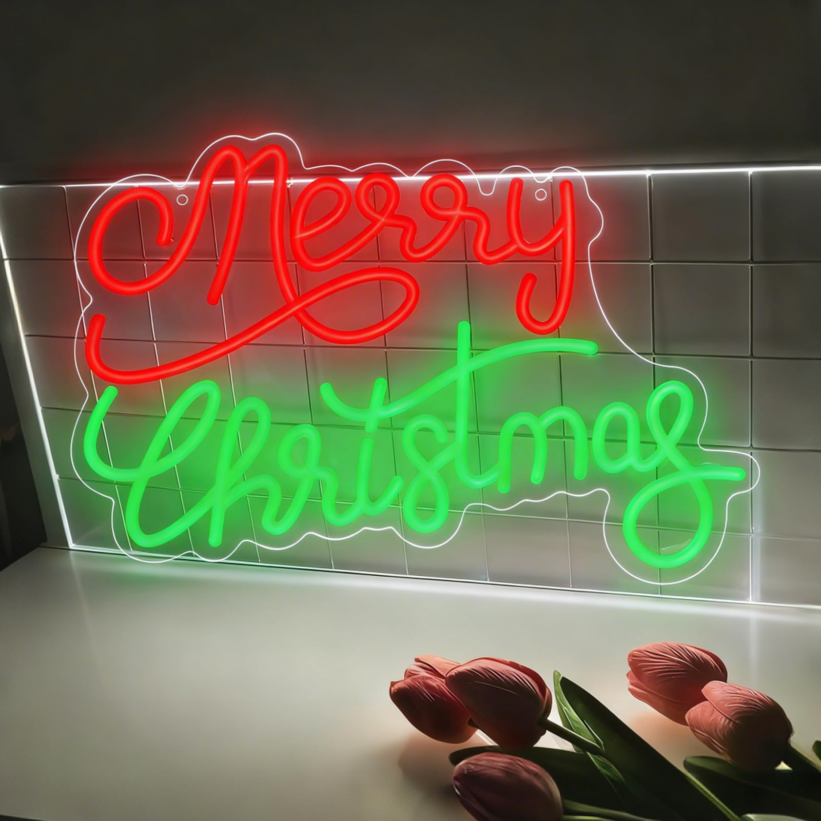Merry Christmas Neon Sign Merry Xmas Neon Sign Neon Lights Signs LED Dimmable Light Up Sign with USB Powered Neon Signs For Wall Xmas Party Bar Home Decor Family Kids Living Room 16.53”X10.62” — image 1