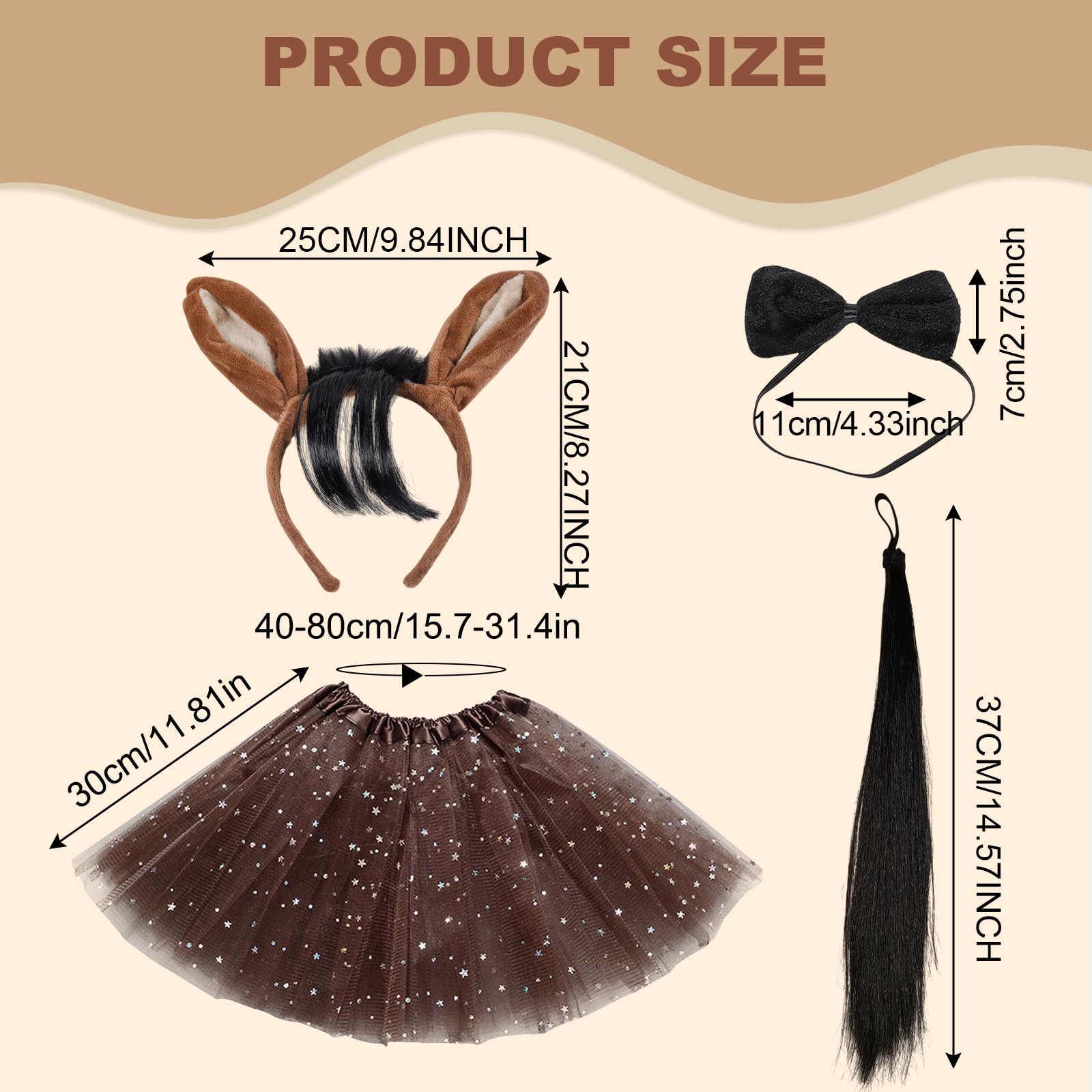 TUONYIS 4 Pieces Brown Horse Costume Set,Hair Band Tail Bow Tie Star Skirt Suit Set,Dress Up Donkey Horse Animal Accessories,for Kid Christmas Children's Day Farm Party Halloween(Brown) - Image 2