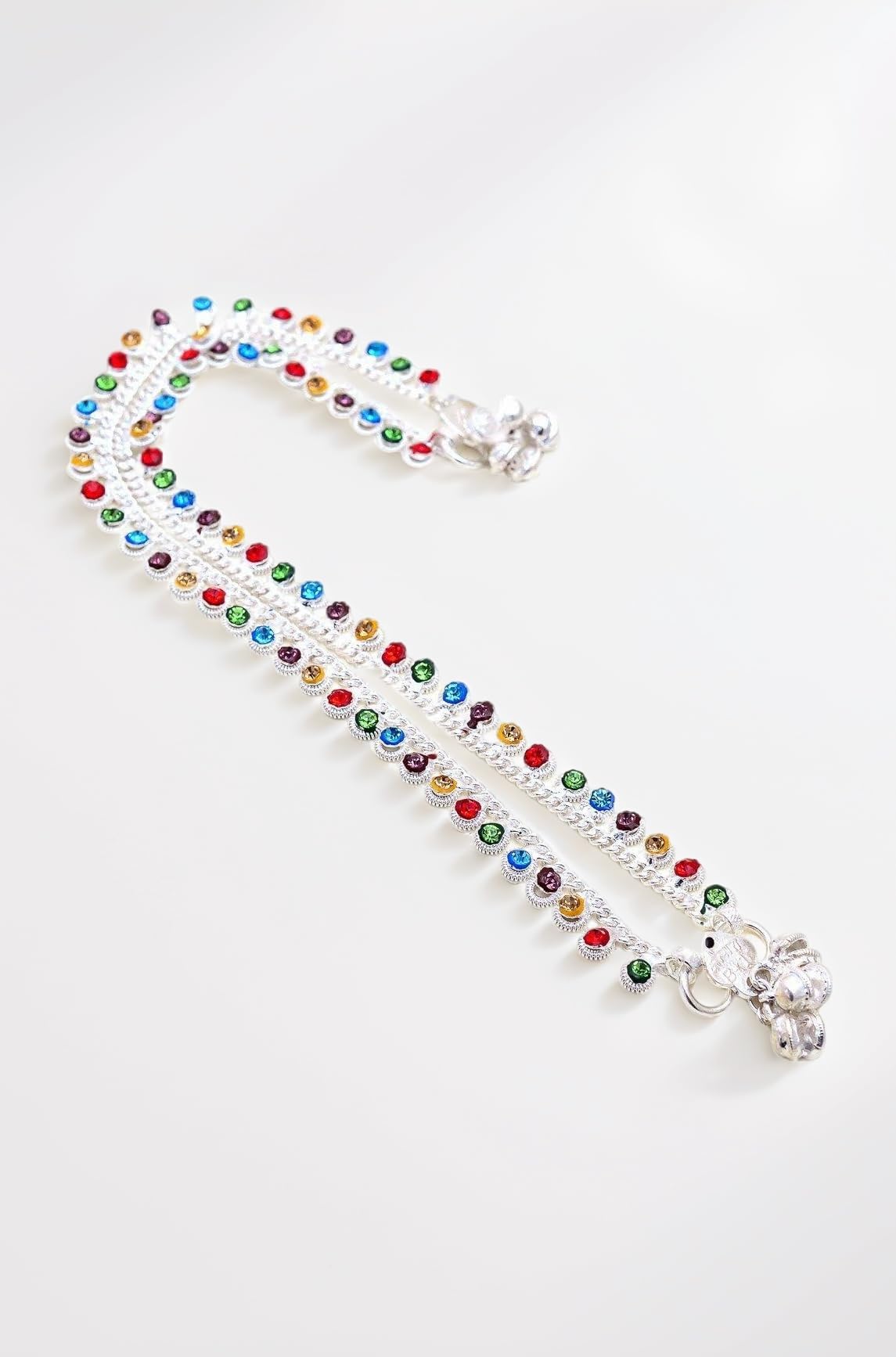 Anklet Silver Plated Ad Cz Multi-Color Stones Traditional Indian Payal Jewelry for Women & Girls