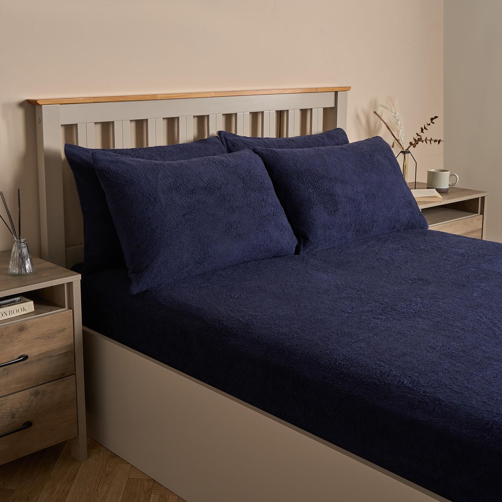 OHS Teddy Bear Pillowcases 4 Pack, Luxury Fluffy Pillow Covers, Side Sleeper Warm Cosy Soft Teddy Fleece Hotel Quality Thermal Pillowcases, Navy Blue