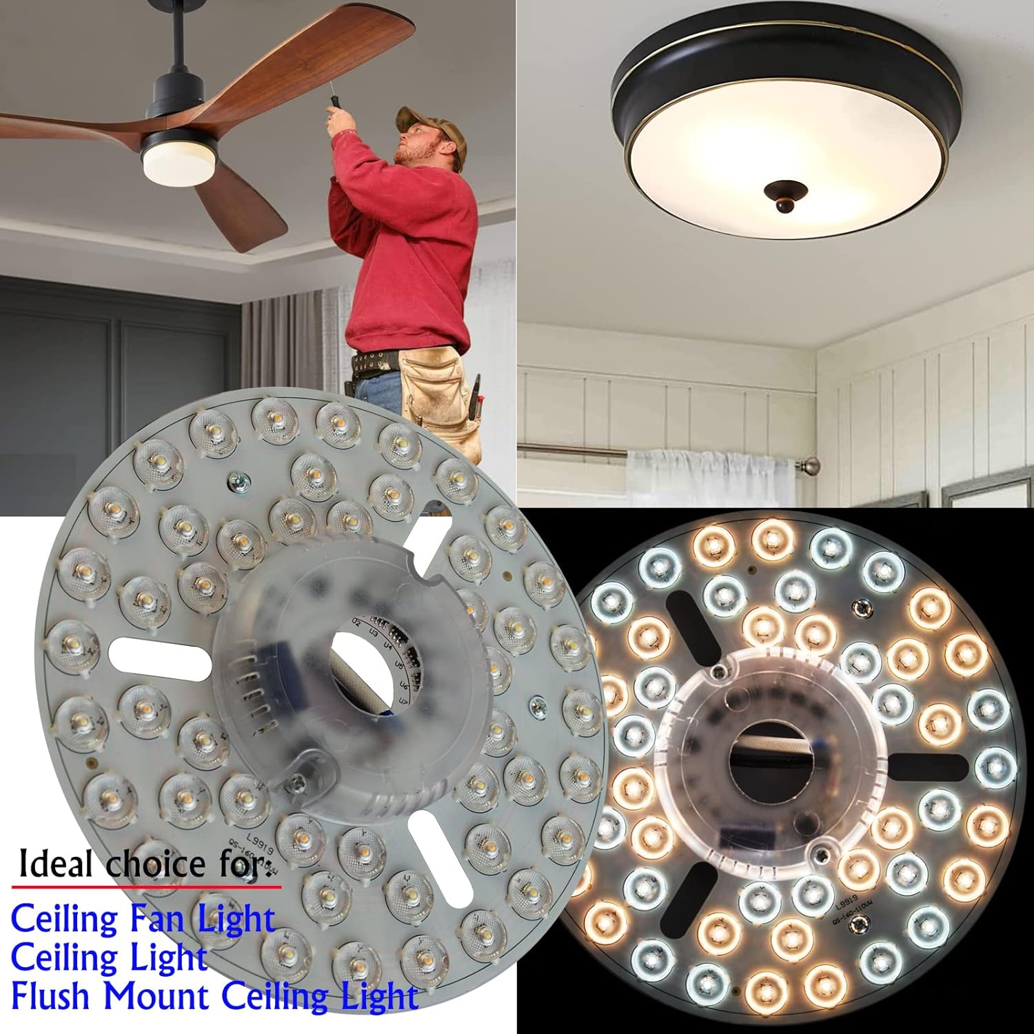24W 6.3" Close to Ceiling Light Fixture, LED Ceiling Fan Light Kit Replacement, LED Light Board Panel with 3 Color Temperature Memory Function