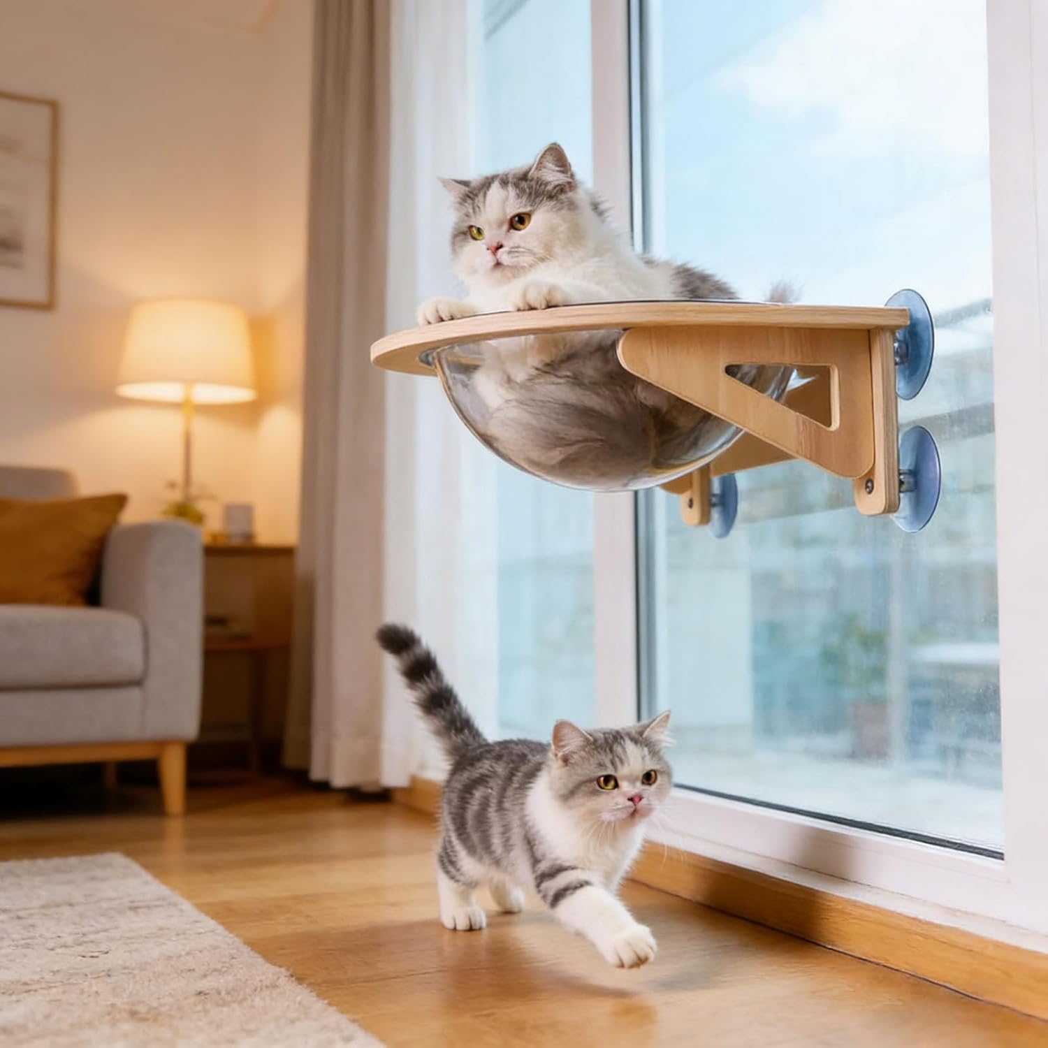 Cat Wall Shelves, Clear Bubble Suction Cup Kitty Lounge, Cat Window Perch, for Indoor Living Room Home Indoor Apartment Corner (Brown)