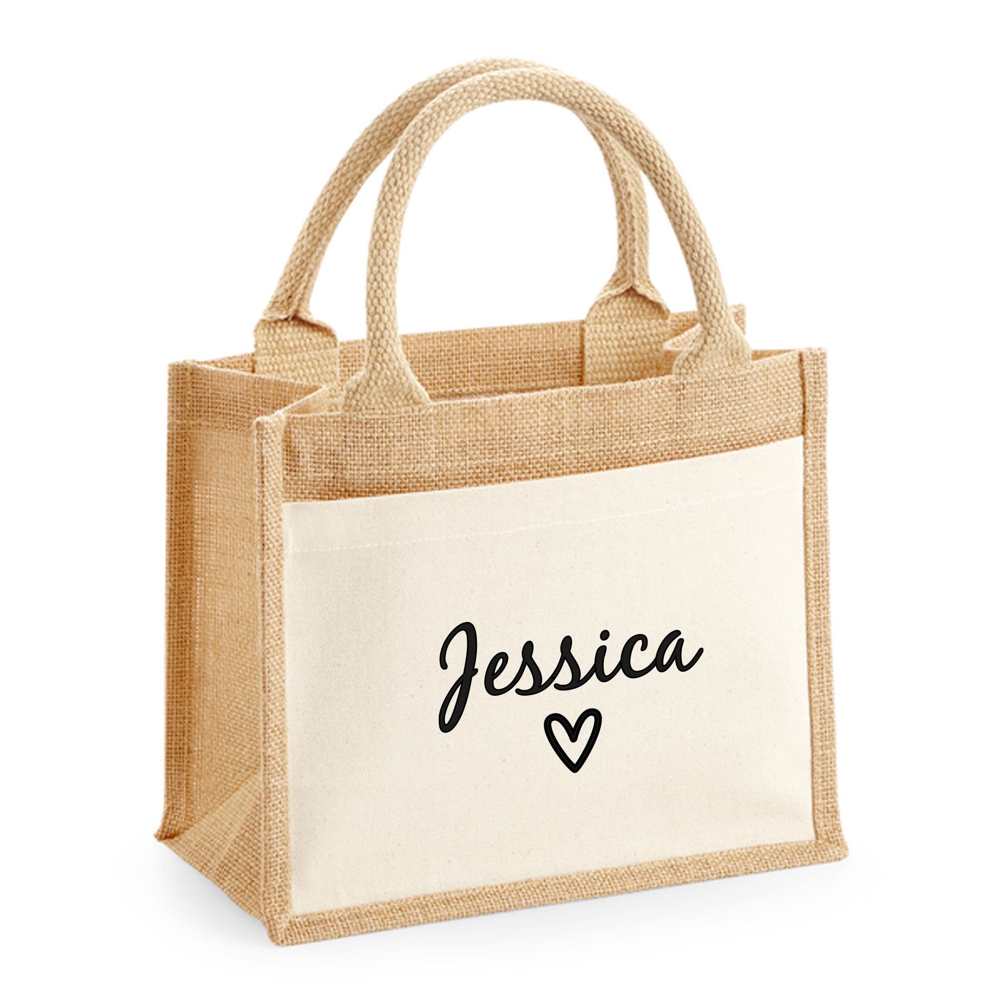 eBuyGB Personalised Jute Bag with Name & Heart, Eco Friendly Cotton Tote Bag, Bag for Life Shopping Bag with Pocket - Any Name (Medium)