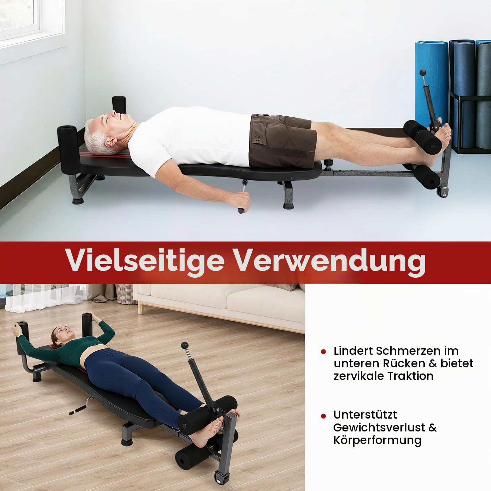 Rückenstreck-Traktions-Inversionstisch | Klappbarer Schwerkrafttrainer | Mobile Rückenstreck Streckbank | Zervikales Holz Wirbelsäule Rücken Stretcher | Rückenstrecker Tragfähigkeit: 150kg