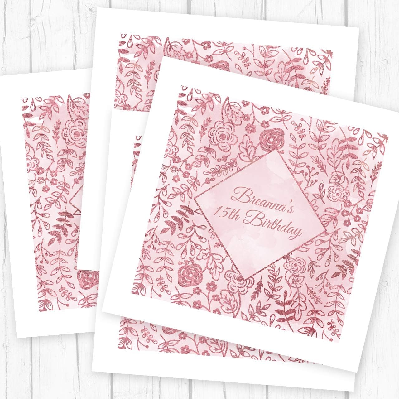 Shining Pink Floral Personalized Dinner Napkins / 100 White 3 Ply Paper Uncoined Luncheon Napkins With Pink Foil/Folded 6 1/2" x 6 1/2" Napkins/Made In The USA