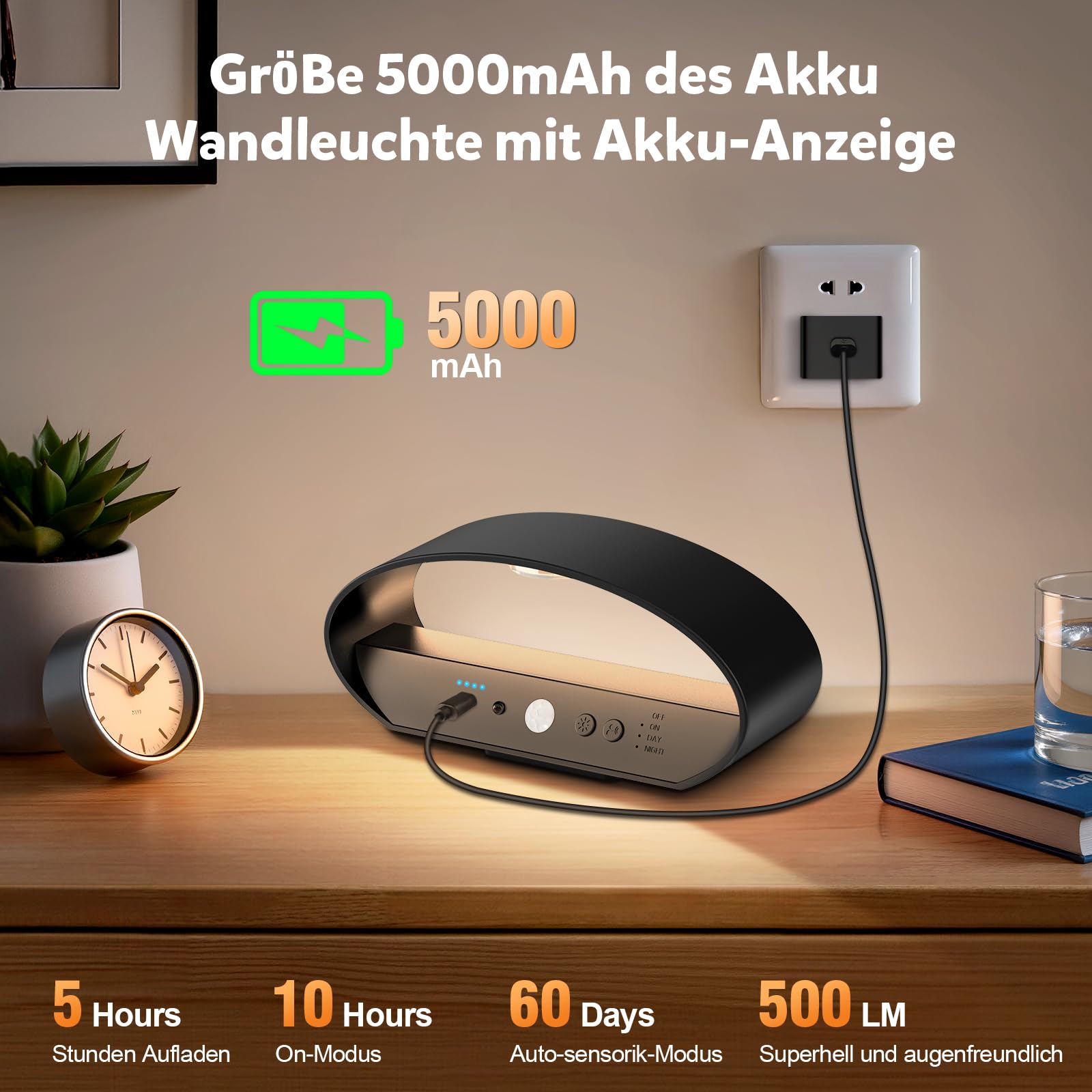 SNADER Akku Wandleuchte Innen/Aussen mit Bewegungsmelder & Fernbedienung 3 Farbtemperatur Wandlicht und 15 Farboptionen, Kabellose Wandlampe Innen Batterie mit Schalter, Aufladbare Wandlampe Dimmbar