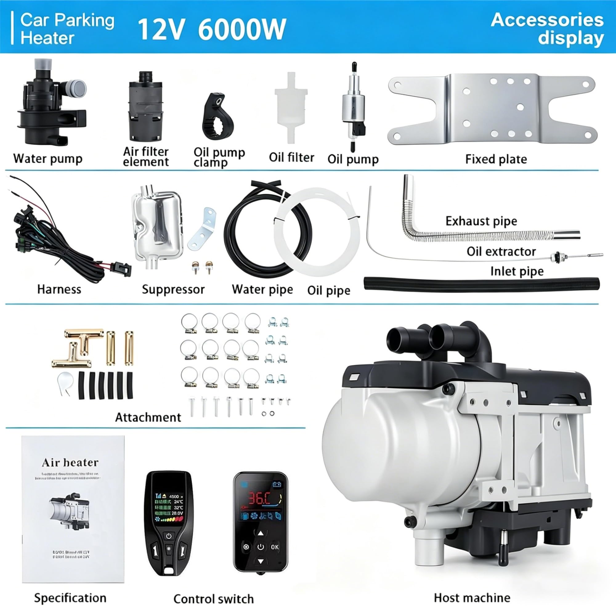 Calefacción Estacionaria de Agua 5,2KW 12V/24V Precalentador de Motor Diesel con Bomba de Agua Silenciosa para Camión Camper Caravana Barco y Vehículos Industriales Kit(24V)