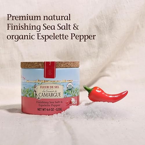 Miniatura 3 de Le Saunier de Camargue Fleur de Sel con Espelette Chile – Sal Marina Francesa con Pimienta de Chile Suave – Sal de Acabado Hojitas Gourmet Cosechada