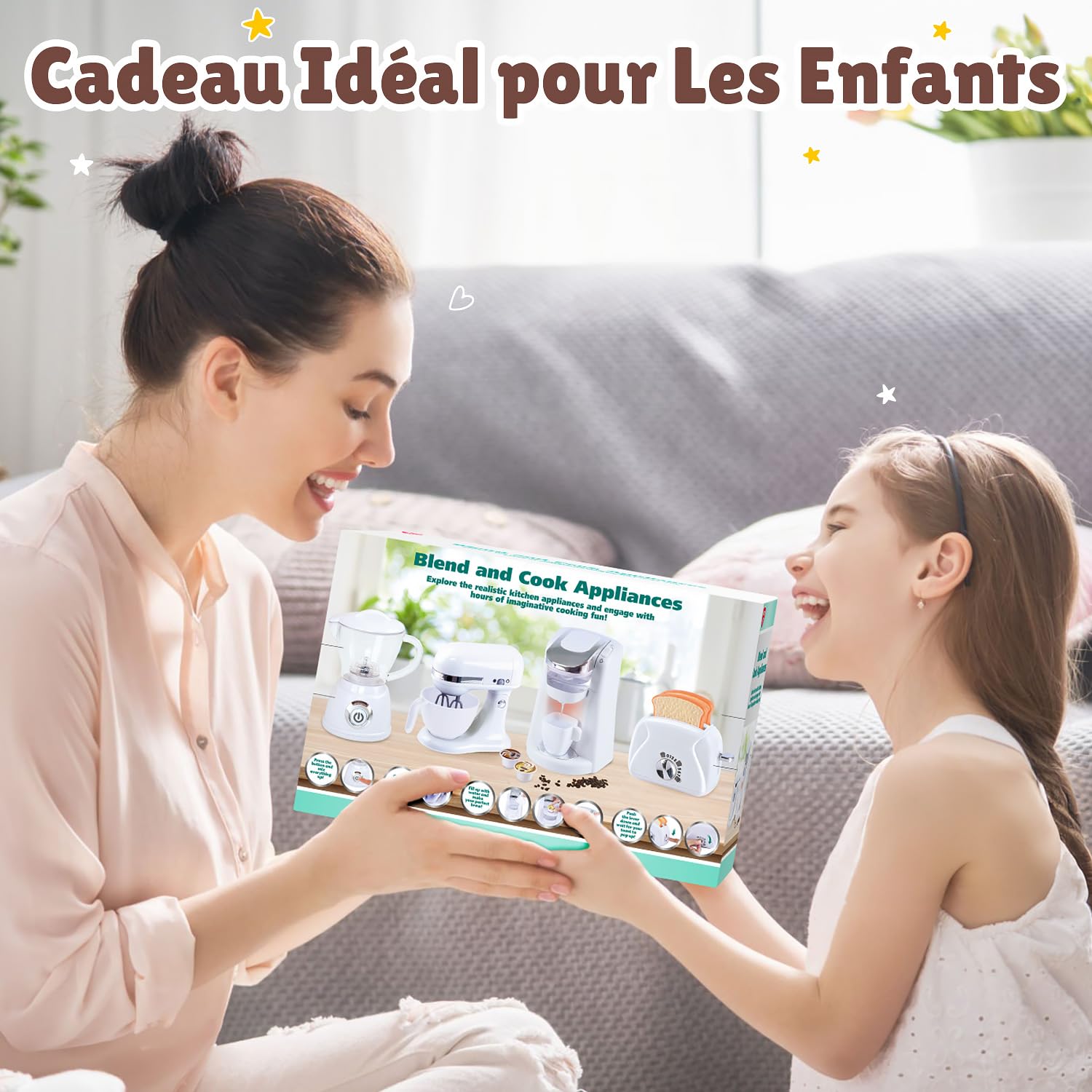 PLAY Ustensile Cuisine Enfant Accessoire avec Cafetiere, Mixer, Blender et Grille Pain Jouet avec Eclairage et Son Réalistes, Set de Cuisine Jouet pour Enfant 3+ Ans (Blanc)