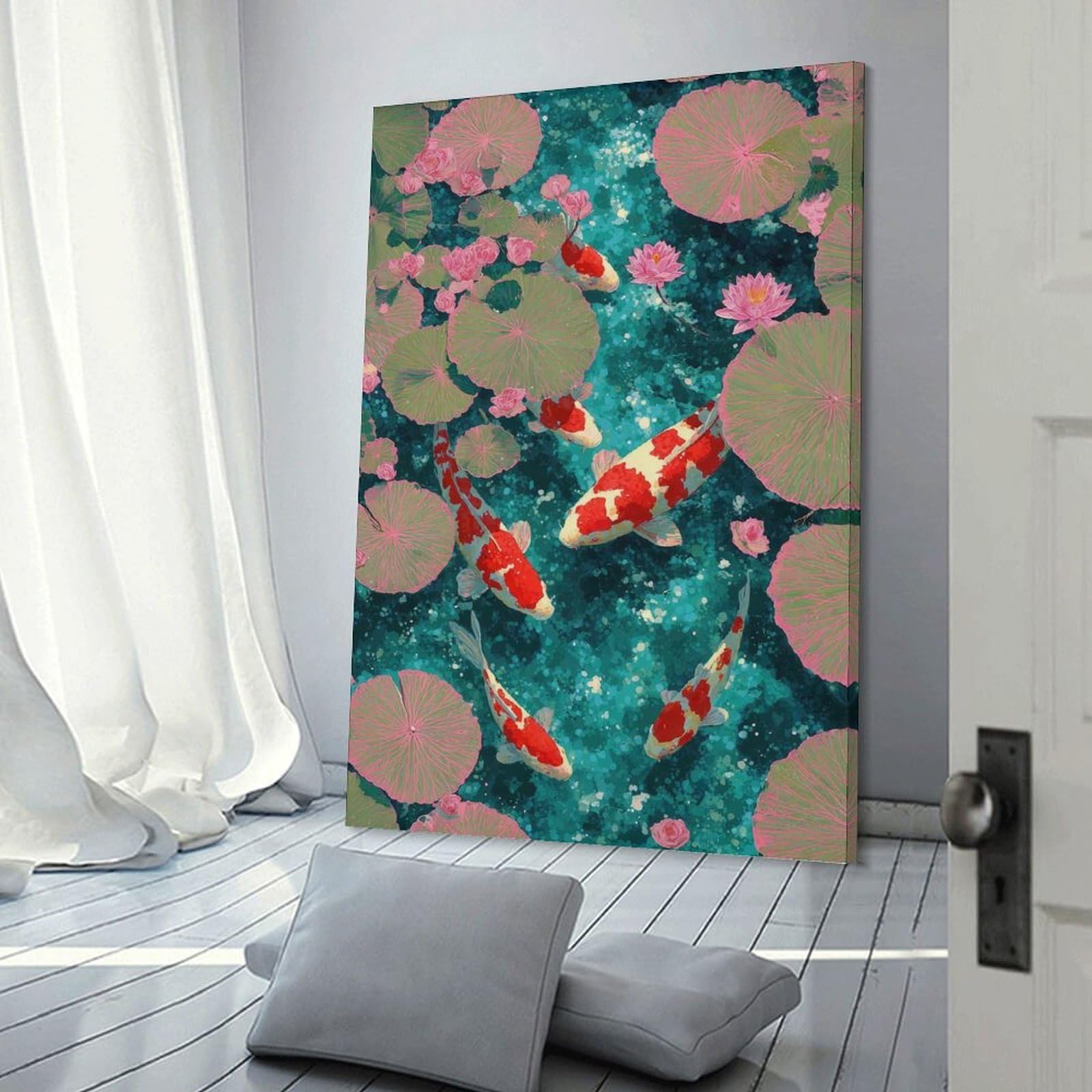 Junmoney Canvas Wall Art Japanese Pond of Koi Fish And Lily Pads, 24x36inch(60x90cm), for Living Room, Bedroom, Office Or Hallway, Decorative Artwork with Broad Appeal