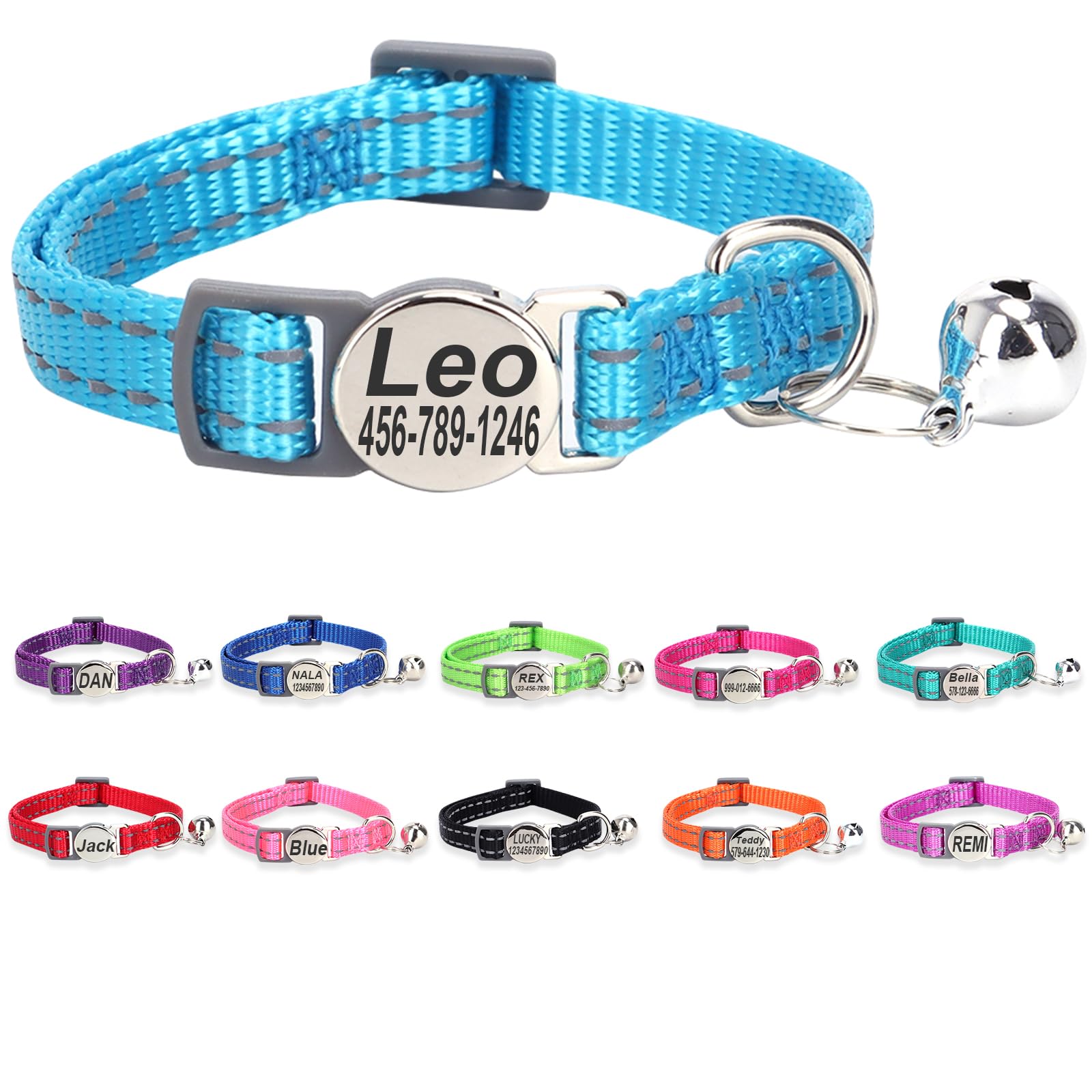 Engraved Personalized Cat Collar,Breakaway Safety Release Buckle,Reflective Collars with ID Name Tag,Adjustable Collar with Bell for Puppy Kitten Cat,Sky Blue(7.5''-12.0'') — image 1