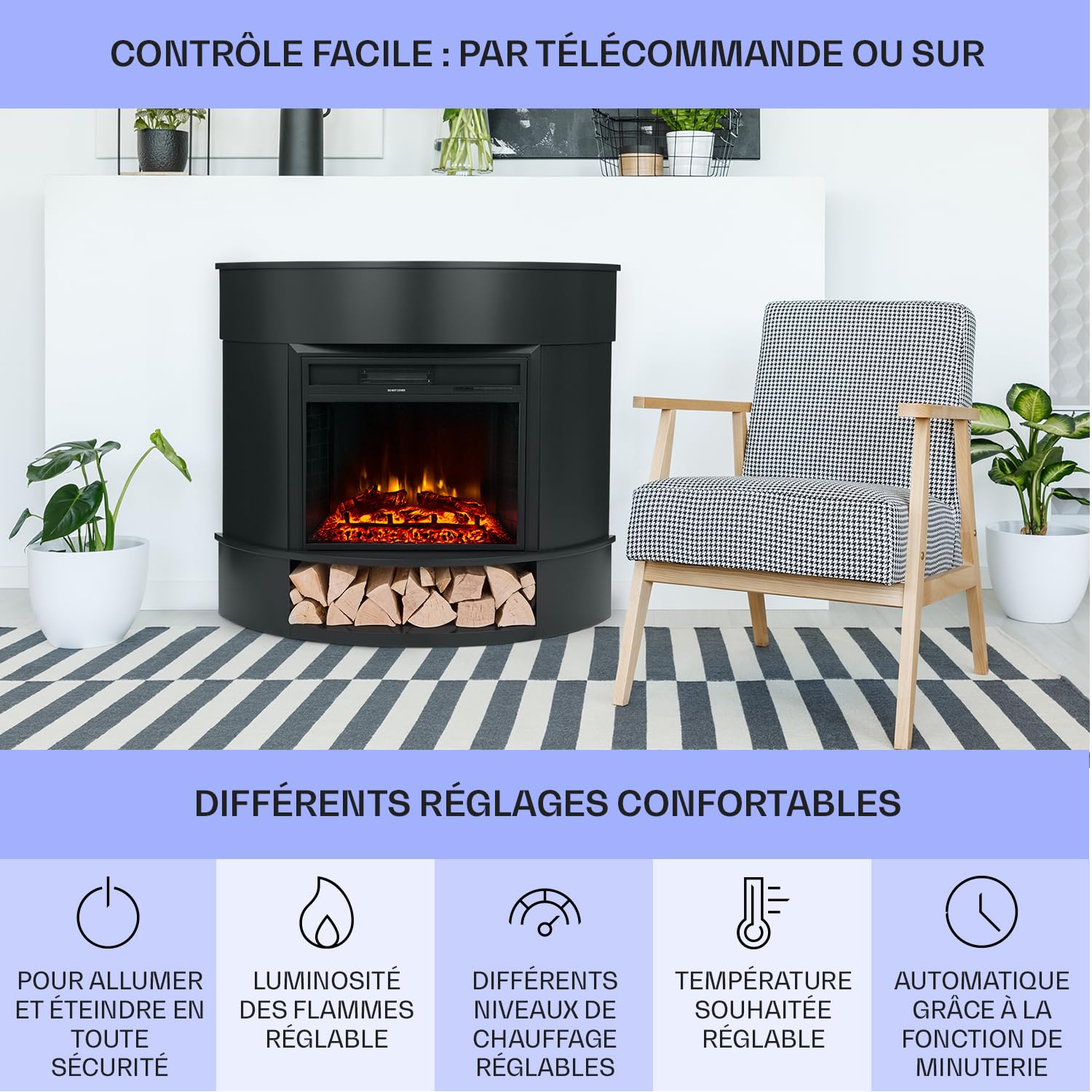 Klarstein Cheminée Electrique d'Intérieur, Chauffage Electrique de 1800W, Fausse Cheminée Decorative avec Effet Flamme en LED, Télécommande Inclus, Programmable, Minuterie, Thermostat Réglable