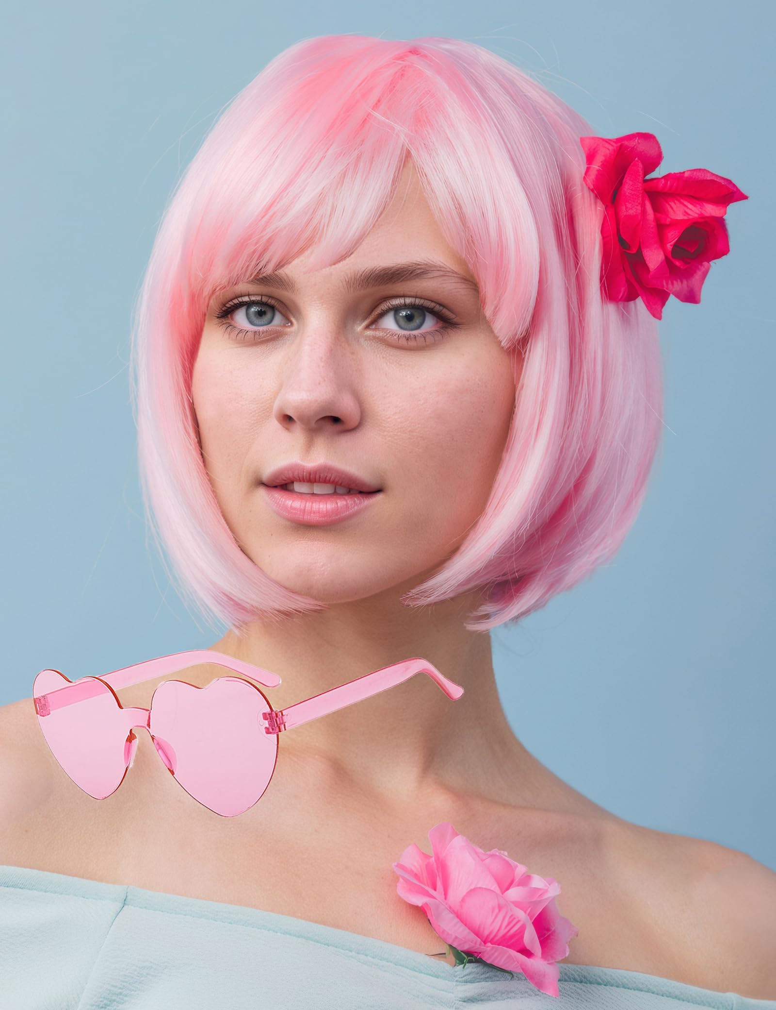 MIUSKATL Wig and Sunglasses 12 Inch Short Bob Wigs with Bangs for Women Costume Cosplay Party (Light Pink)