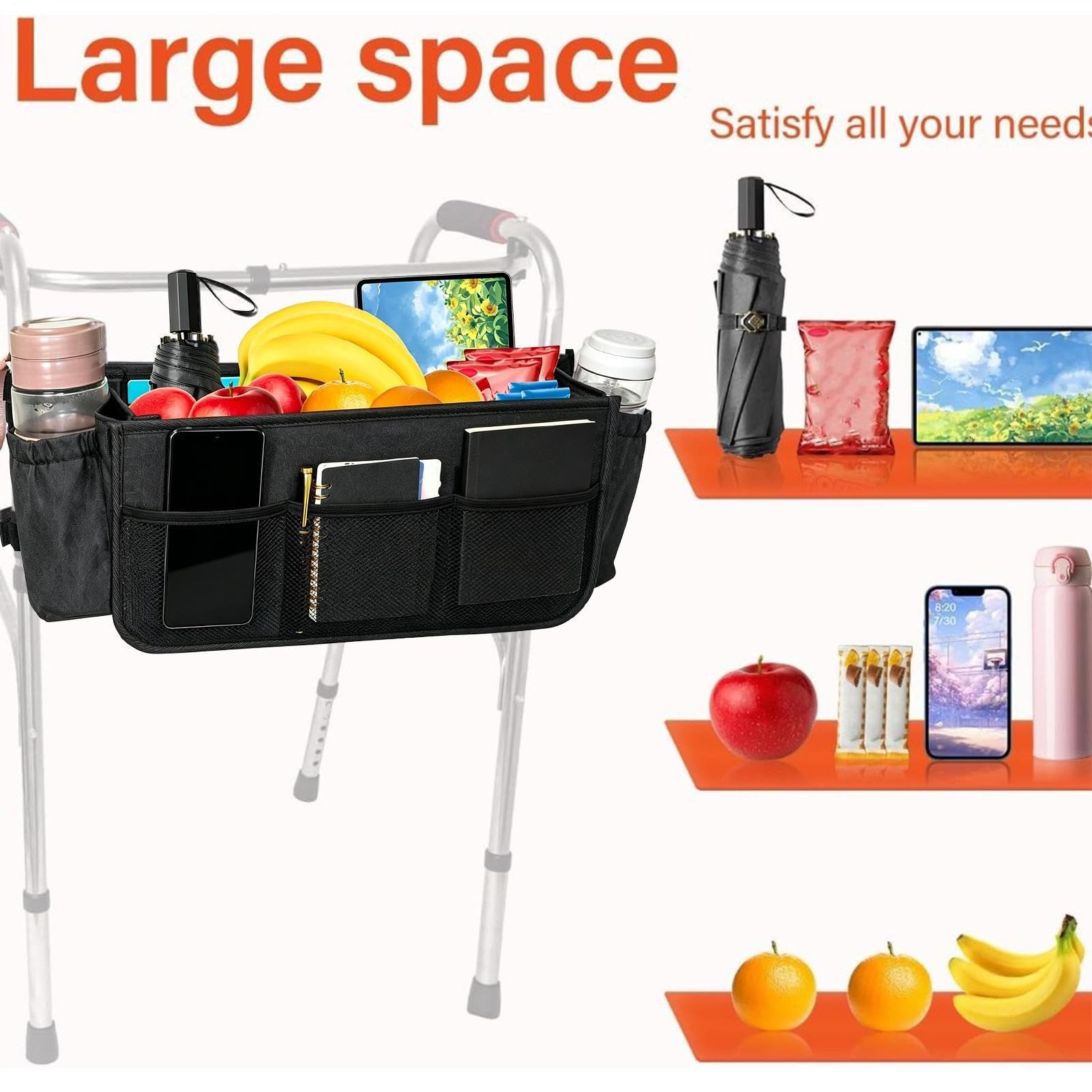 Borsa Rollator | Portatile Grande Capacità Impermeabile | Borsa Portaoggetti Deambulatore | Ideale per Anziani, Uscite, Shopping, Viaggi, Passeggiate in Ambienti Interni ed Esterni e Camminate Quotidi