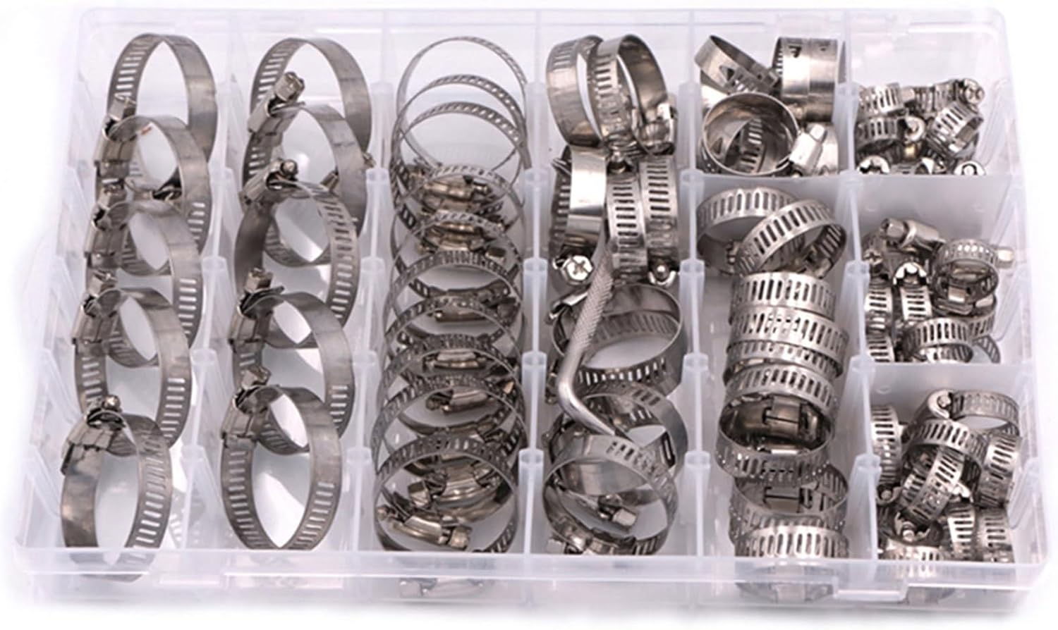 91Pcs/Box Multi-size 304 Stainless Steel Pipe Clamp Fuel Hose Clamp Worm Gear Hose Clip Set Hardware Tools Pipe Clamps