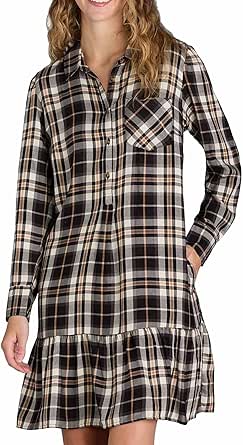 Unilexi Women's Collared Long Sleeve Shirt Dress - Mini Shift Tunic With Ruffle Hem & Pockets