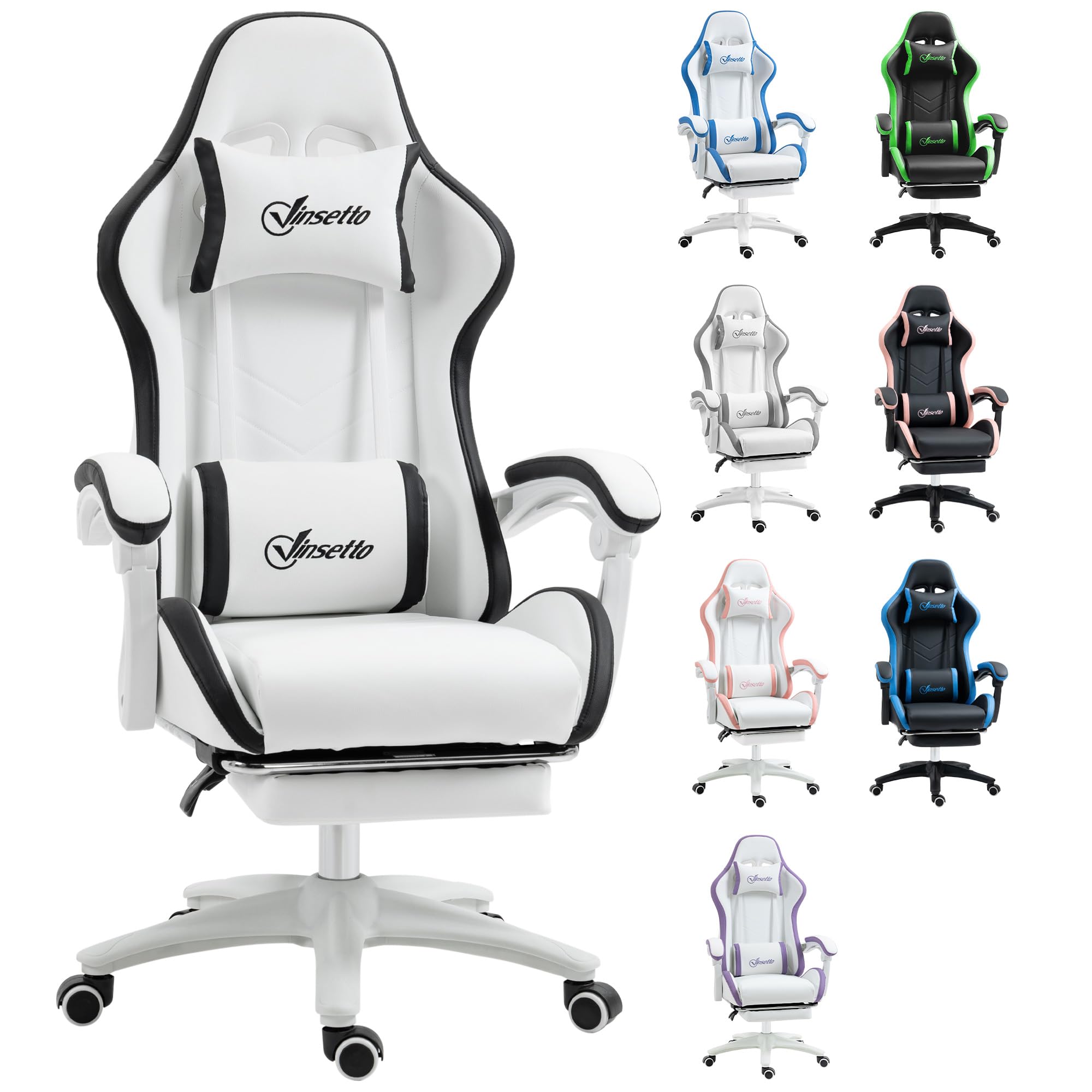 Vinsetto Ergonomic Gaming Chair, PU Leather Gaming Chair with 135° Recliner, Lumbar Support, Adjustable Height, Headrest and Retractable Footrest, for Office, Study, Black and White